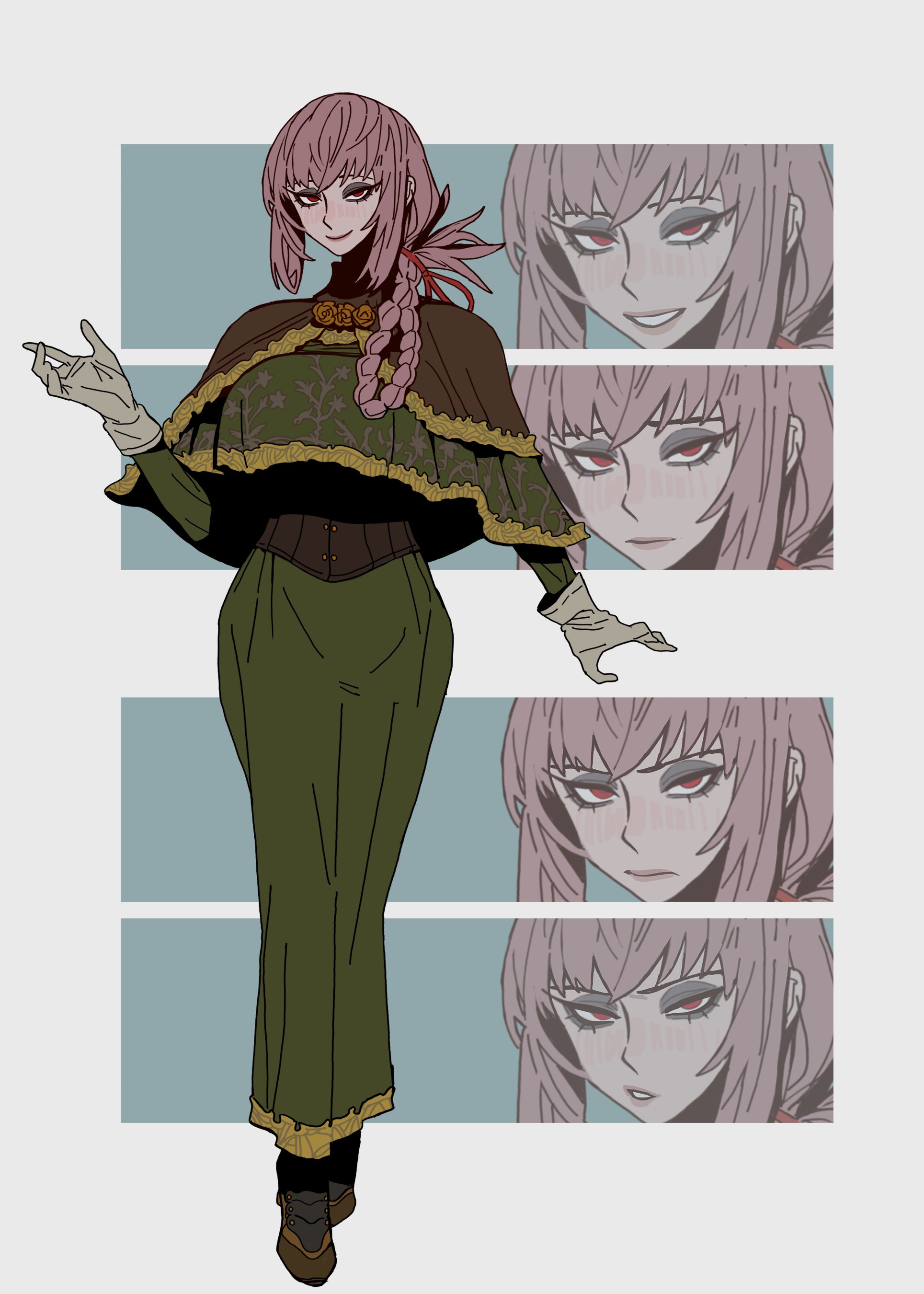 savadava, florence nightingale (fate), fate/grand order, fate (series), absurdres, commentary, english commentary, highres, 1girl, alternate costume, blush, braid, braided ponytail, dress, folded ponytail, full body, gloves, green dress, grin, looking at viewer, multiple expressions, multiple views, pink hair, red eyes, side braid, smile, solo, white gloves