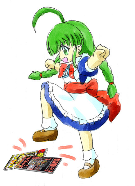 me-tan, os-tan, 1girl, ahoge, braid, female focus, green hair, magazine (object), solo, twin braids