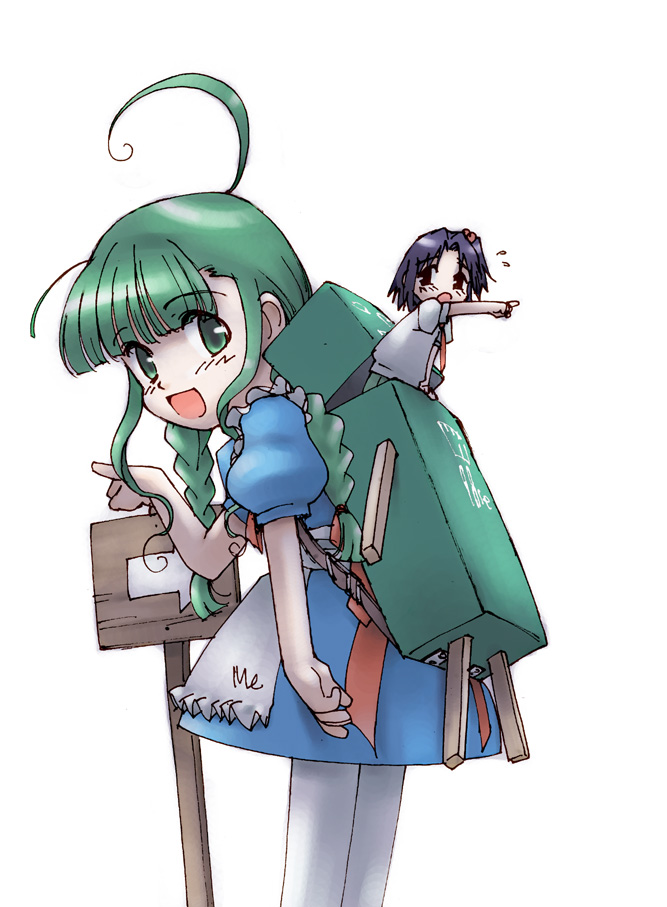 98se-tan, me-tan, os-tan, 2girls, arrow (symbol), backpack, bag, maid, mini person, minigirl, multiple girls, pointing, sign, thighhighs