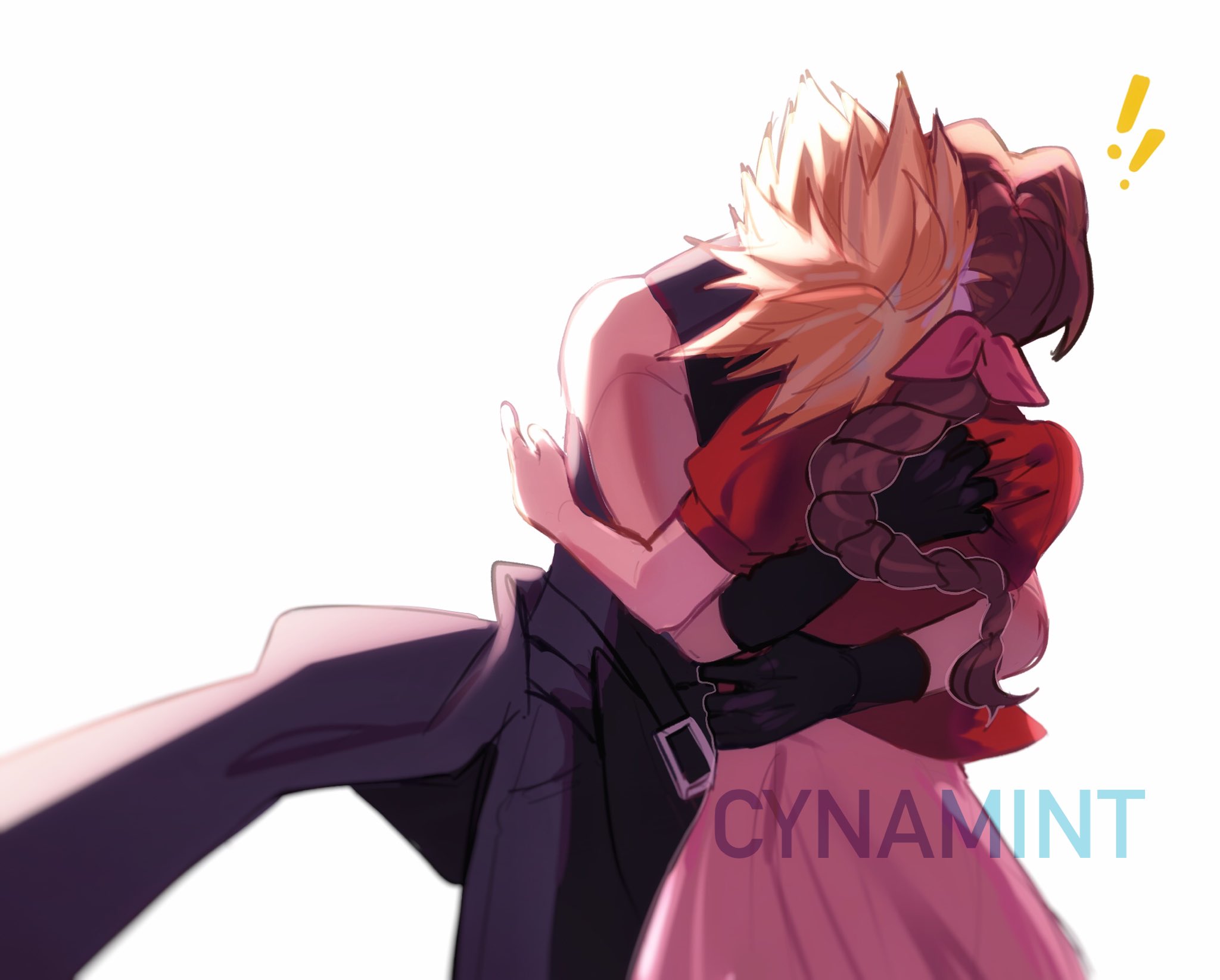 aerith gainsborough, cloud strife, final fantasy, final fantasy vii, final fantasy vii advent children, highres, !, !!, 1boy, 1girl, artist name, black cape, black gloves, black pants, black vest, blonde hair, braid, braided ponytail, brown hair, cape, couple, cowboy shot, cynam1nt, dress, gloves, hair ribbon, hetero, hug, jacket, long hair, pants, parted bangs, pink dress, pink ribbon, red jacket, ribbon, short hair, single braid, sketch, spiked hair, vest, waist cape, white background