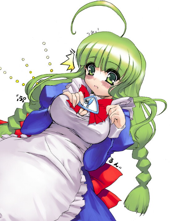 me-tan, os-tan, 1girl, ahoge, braid, breasts, female focus, green hair, large breasts, solo, twin braids