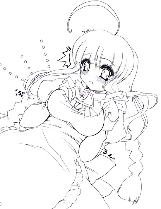 me-tan, os-tan, ahoge, blush, braid, breast suppress, breasts, greyscale, large breasts, monochrome, solo, twin braids