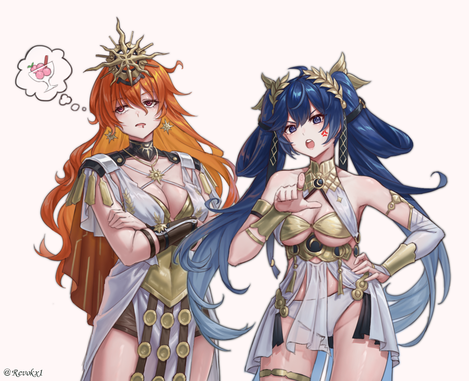 revok, augusta (wuthering waves), iuno (wuthering waves), wuthering waves, commentary, english commentary, highres, 2girls, ahoge, ancient greek clothes, anger vein, arm armor, armlet, armor, bare shoulders, black collar, blue eyes, blue hair, breastplate, breasts, cleavage, collar, colored inner hair, covered navel, cowboy shot, crossed arms, dress, earrings, food, gold bra, gradient hair, greco-roman clothes, grey background, hair belt, hair between eyes, hand on own hip, head wreath, headgear, imagining, jewelry, long hair, looking at viewer, medium breasts, multicolored hair, multiple girls, open mouth, orange hair, pointing, pointing at viewer, red eyes, shouting, simple background, sun earrings, thighlet, thighs, twintails, v-shaped eyebrows, very long hair, white dress