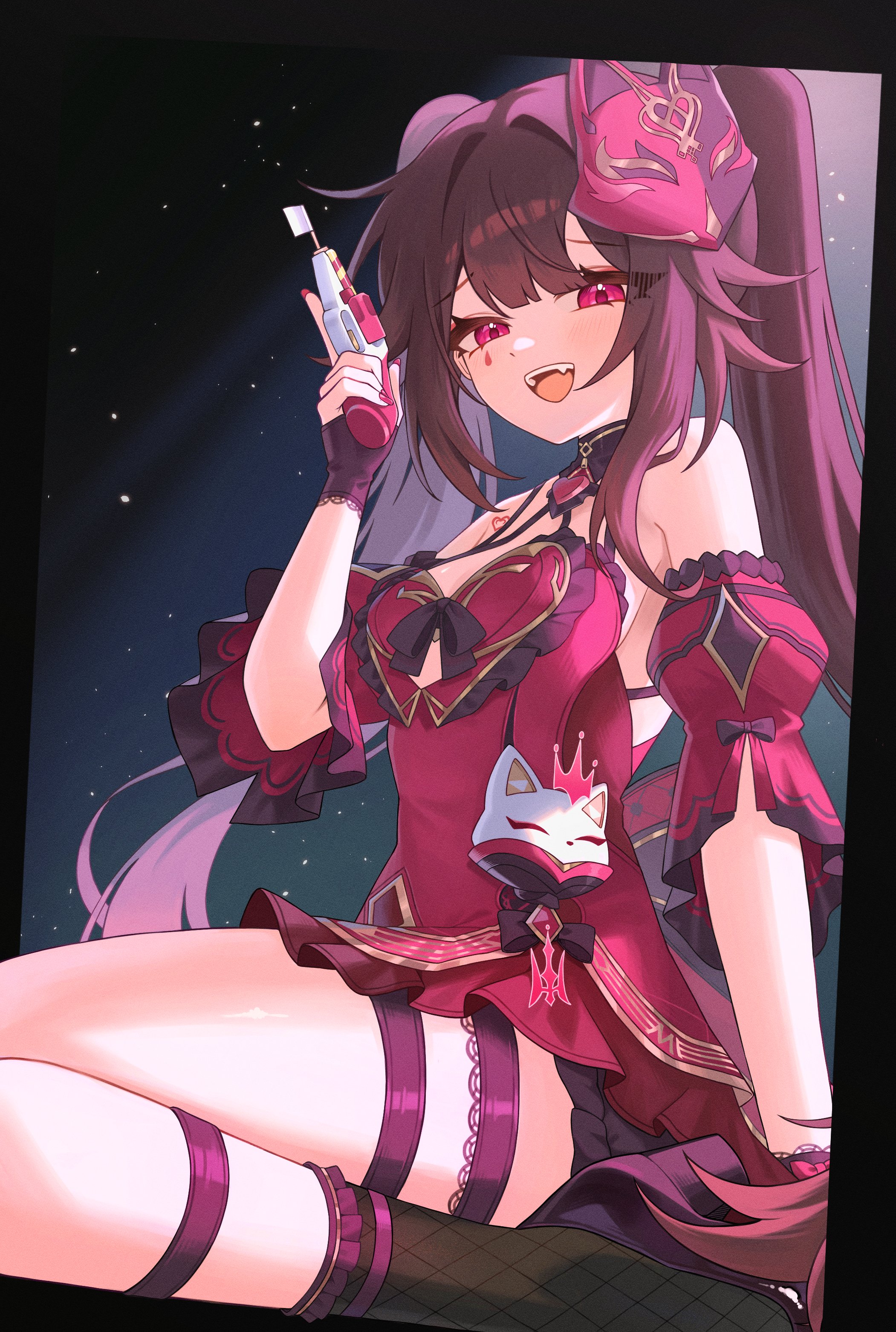 nhom (woogi), sparkle (fictitious game) (honkai: star rail), sparkle (honkai: star rail), honkai: star rail, honkai (series), honkai impact 3rd, absurdres, highres, 1girl, black background, black gloves, breasts, brown hair, dress, fang, fishnet socks, fishnets, fox mask, from side, gloves, gun, halter dress, halterneck, handgun, heart, heart tattoo, high heels, holding toy gun, light particles, long hair, mask, mask on head, medium breasts, open mouth, purple shoes, red dress, red nails, red sleeves, revolver, shoes, sitting, snubnosed revolver, socks, solo, spotlight, tattoo, teardrop facial mark, twintails, wariza, weapon
