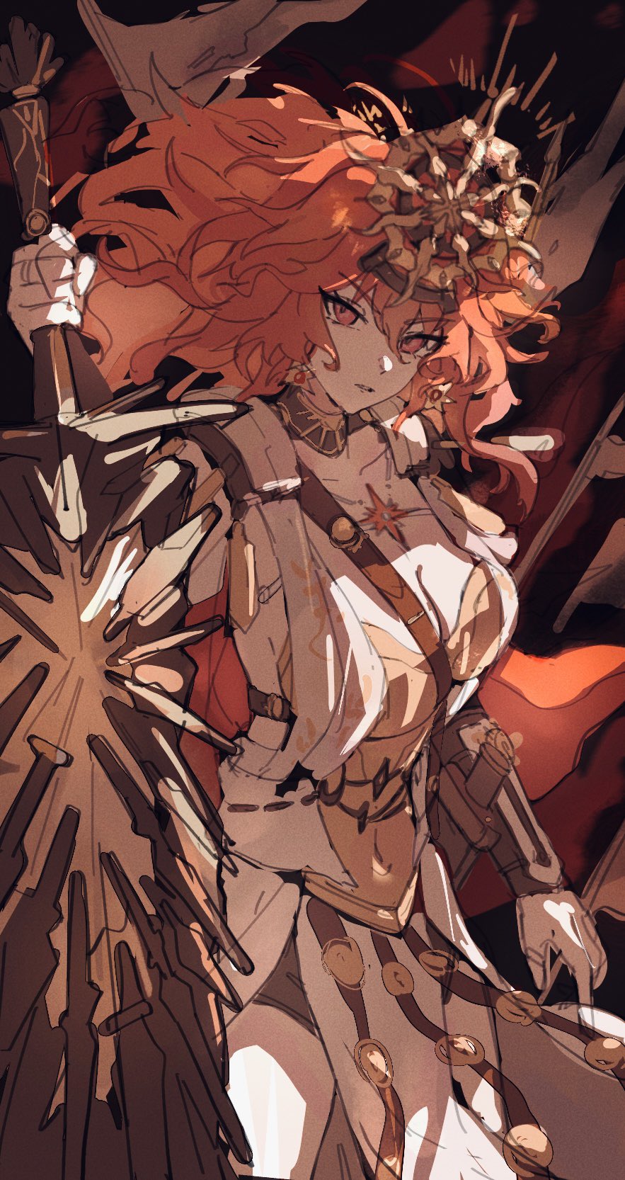 drone (drone 37), augusta (wuthering waves), wuthering waves, commentary, highres, unfinished, 1girl, ancient greek clothes, arm armor, armor, breastplate, breasts, cleavage, collarbone, cowboy shot, dress, earrings, greatsword, greco-roman clothes, hair between eyes, headgear, holding, holding sword, holding weapon, jewelry, long hair, looking at viewer, medium breasts, necklace, orange hair, parted lips, red eyes, solo, sun earrings, sword, weapon, white dress
