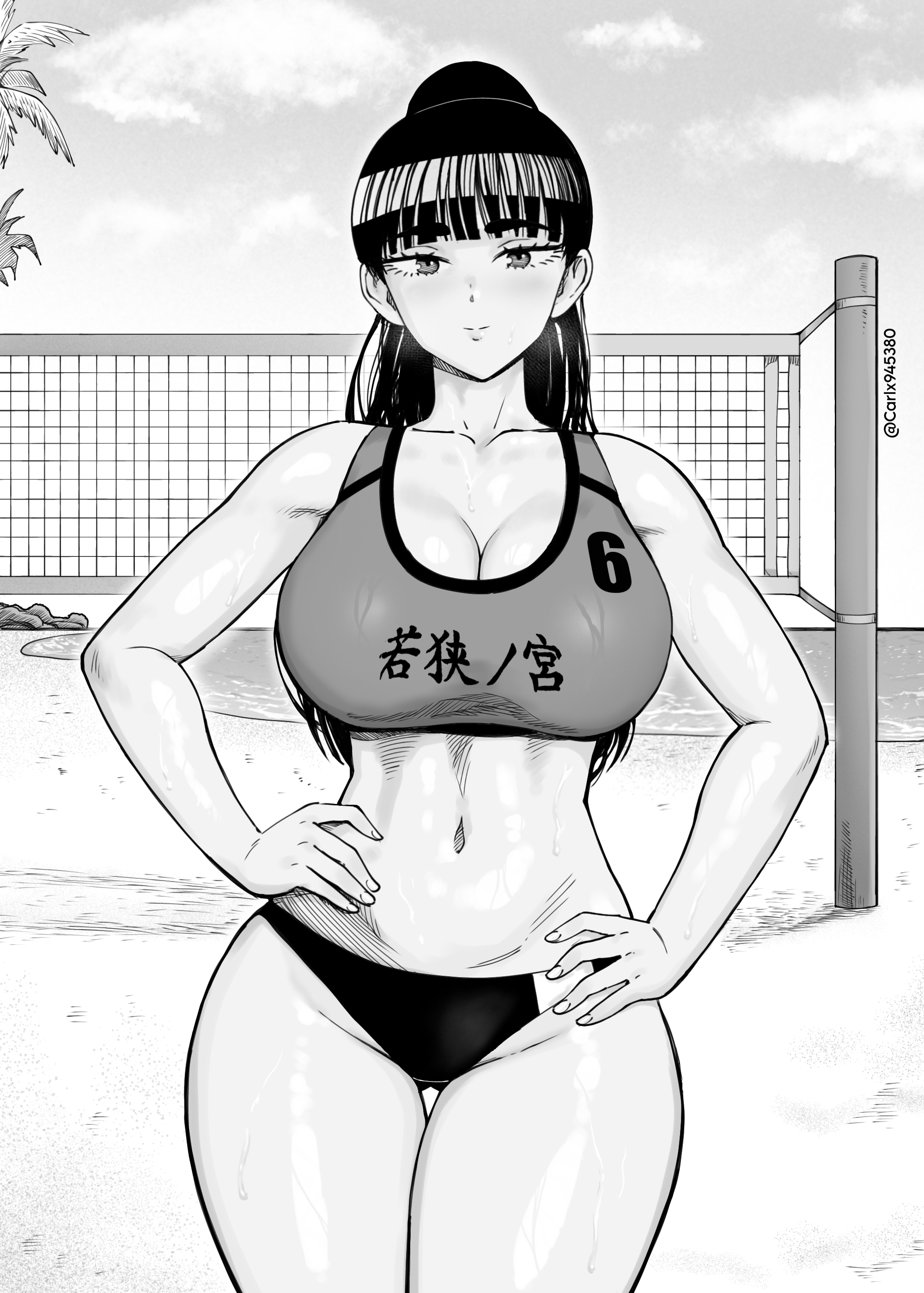 carlx945380, ebino mei, hatsukoi zombie, absurdres, highres, 1girl, bare shoulders, beach, bikini, breasts, cleavage, collarbone, cowboy shot, gluteal fold, greyscale, hands on own hips, high ponytail, large breasts, looking at viewer, midriff, mismatched bikini, monochrome, navel, ocean, outdoors, ponytail, shiny skin, smile, solo, sports bikini, sports bra, sportswear, stomach, sweat, swimsuit, thick thighs, thigh gap, thighs, twitter username, volleyball net, volleyball uniform