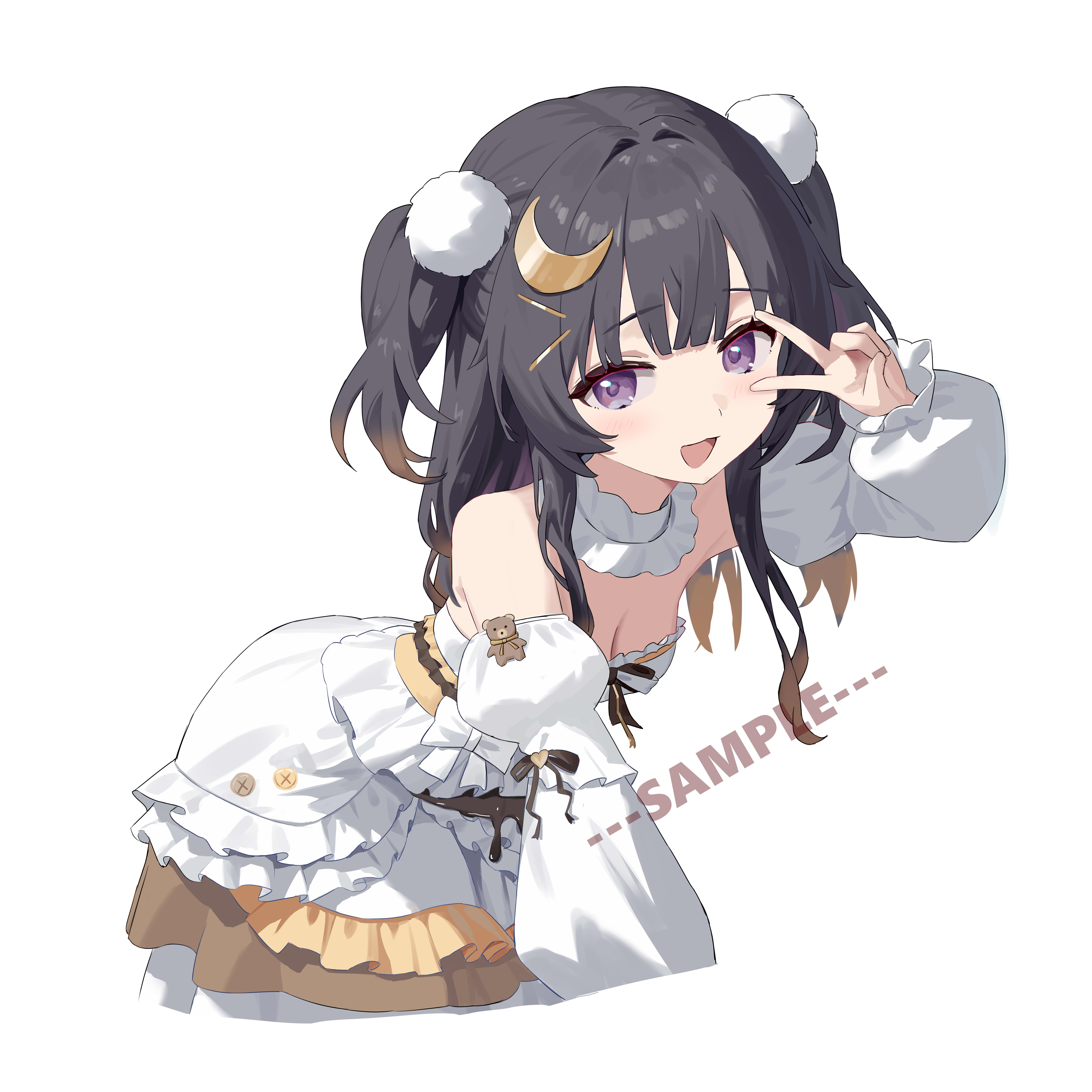 youtanhuayuan255, original, absurdres, commission, highres, 1girl, armpits, bare shoulders, bent over, black hair, breasts, cleavage, crescent, crescent hair ornament, detached collar, detached sleeves, dress, gradient hair, hair ornament, hand up, juliet sleeves, long hair, long sleeves, looking at viewer, multicolored hair, open mouth, pom pom (clothes), pom pom hair ornament, puffy sleeves, purple eyes, simple background, small breasts, smile, solo, strapless, strapless dress, two side up, v, white background, white dress