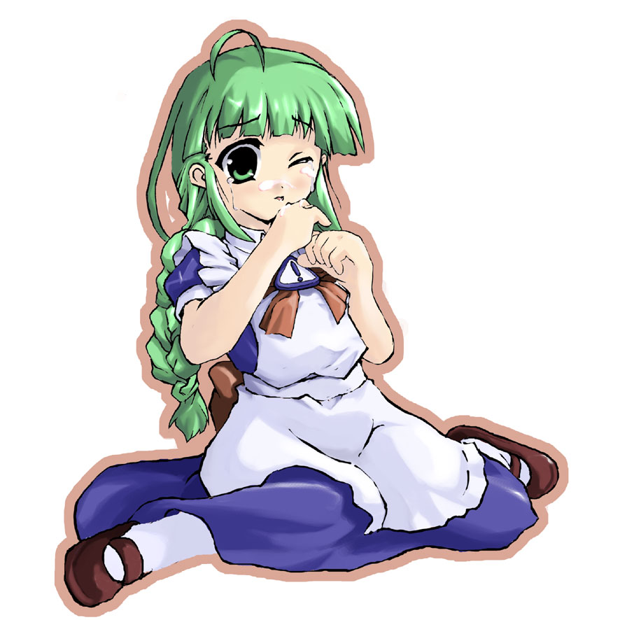 me-tan, os-tan, tagme, ahoge, cum, green hair, solo, thighhighs