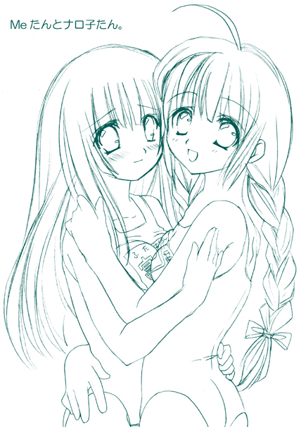 me-tan, os-tan, 2girls, ahoge, aqua theme, blue theme, blush, braid, breast press, breasts, long hair, medium breasts, monochrome, multiple girls, one-piece swimsuit, swimsuit, symmetrical docking, twin braids