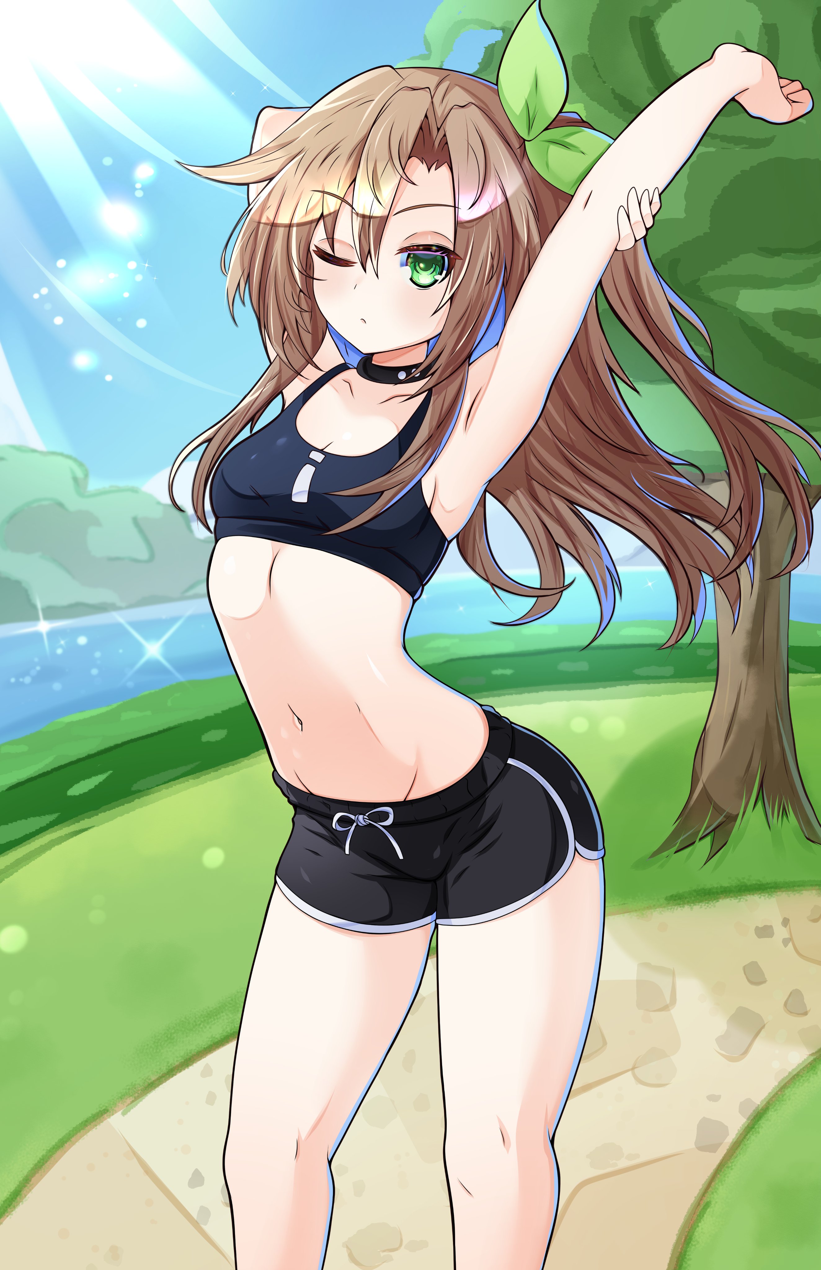mrrollingcircle, if (neptunia), neptune (series), absurdres, commentary, english commentary, highres, 1girl, black shorts, black sports bra, brown hair, closed mouth, green eyes, long hair, looking at viewer, midriff, navel, one eye closed, outdoors, park, ponytail, shorts, solo, sports bra, stomach, stretching, sunlight, tree