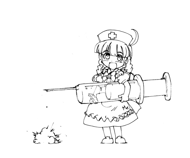 me-tan, os-tan, 1girl, braid, female focus, greyscale, hat, large syringe, monochrome, nurse cap, oversized object, solo, syringe, twin braids