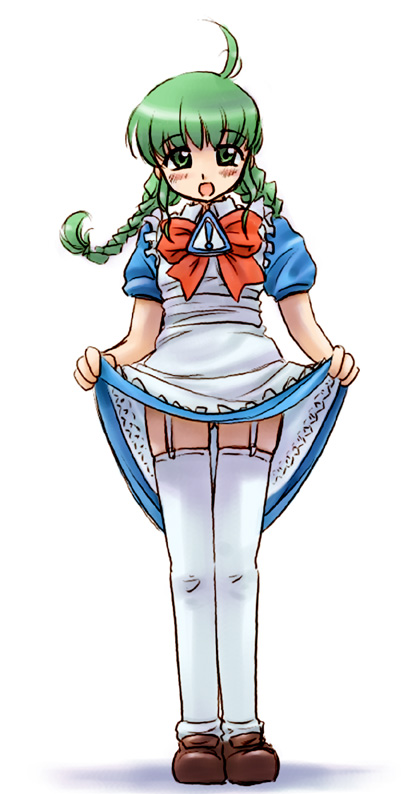 me-tan, os-tan, 1girl, ahoge, braid, brown shoes, clothes lift, female focus, green eyes, green hair, lifting own clothes, matching hair/eyes, shoes, skirt, skirt lift, solo, thighhighs, twin braids