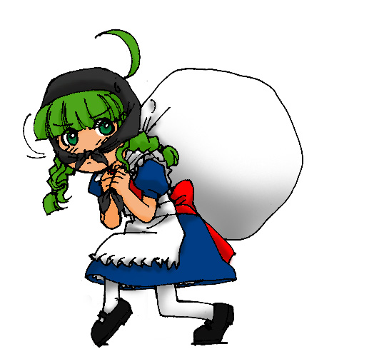 me-tan, os-tan, 1girl, ahoge, female focus, green eyes, green hair, matching hair/eyes, sack, solo, thighhighs