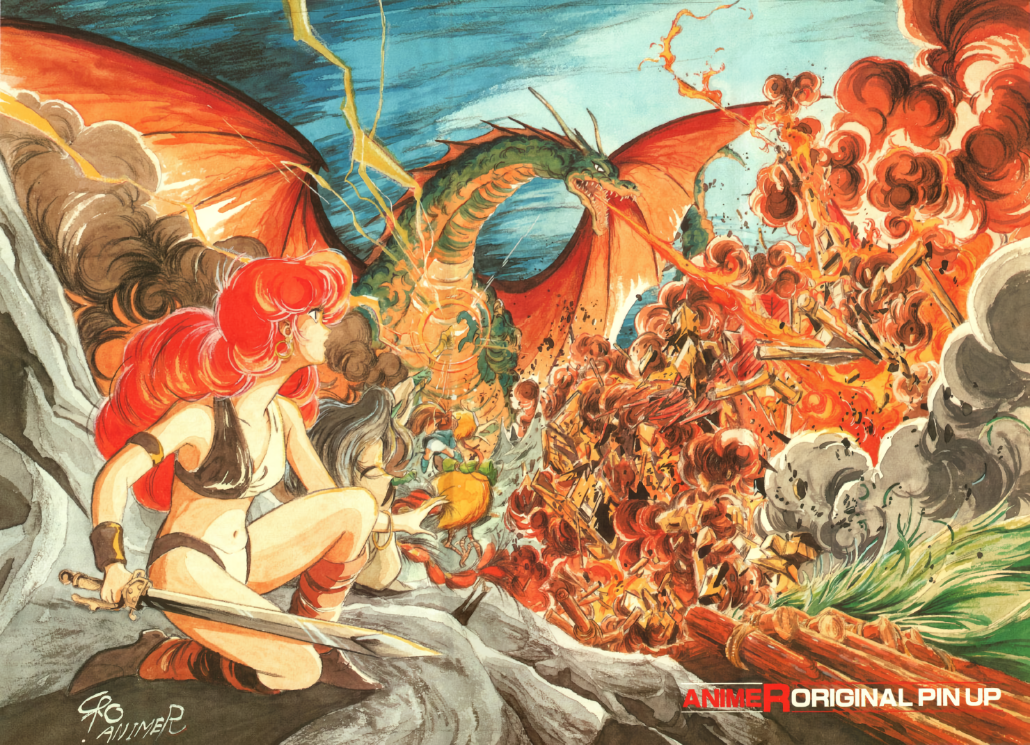 original, 1980s (style), artist request, non-web source, traditional media, 1boy, 2girls, animec (magazine), armlet, bikini, black hair, boots, bracelet, breath weapon, breathing fire, brown hair, chibi, dragon, fantasy, fire, holding, holding sword, holding weapon, jewelry, lightning, long hair, magic, multiple girls, navel, oldschool, open mouth, outdoors, ponytail, profile, red hair, retro artstyle, riding, smoke, solo focus, squatting, swimsuit, sword, weapon, wizard