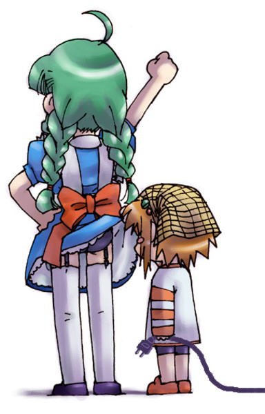 me-tan, waha, yamato suzuran, futaba channel, os-tan, suigetsu, 2girls, cable, clothes lift, electric plug, flat chest, garter belt, garter straps, green hair, long hair, multiple girls, panties, short hair, simple background, skirt, skirt lift, thighhighs, underwear, waha skirt lift, white background