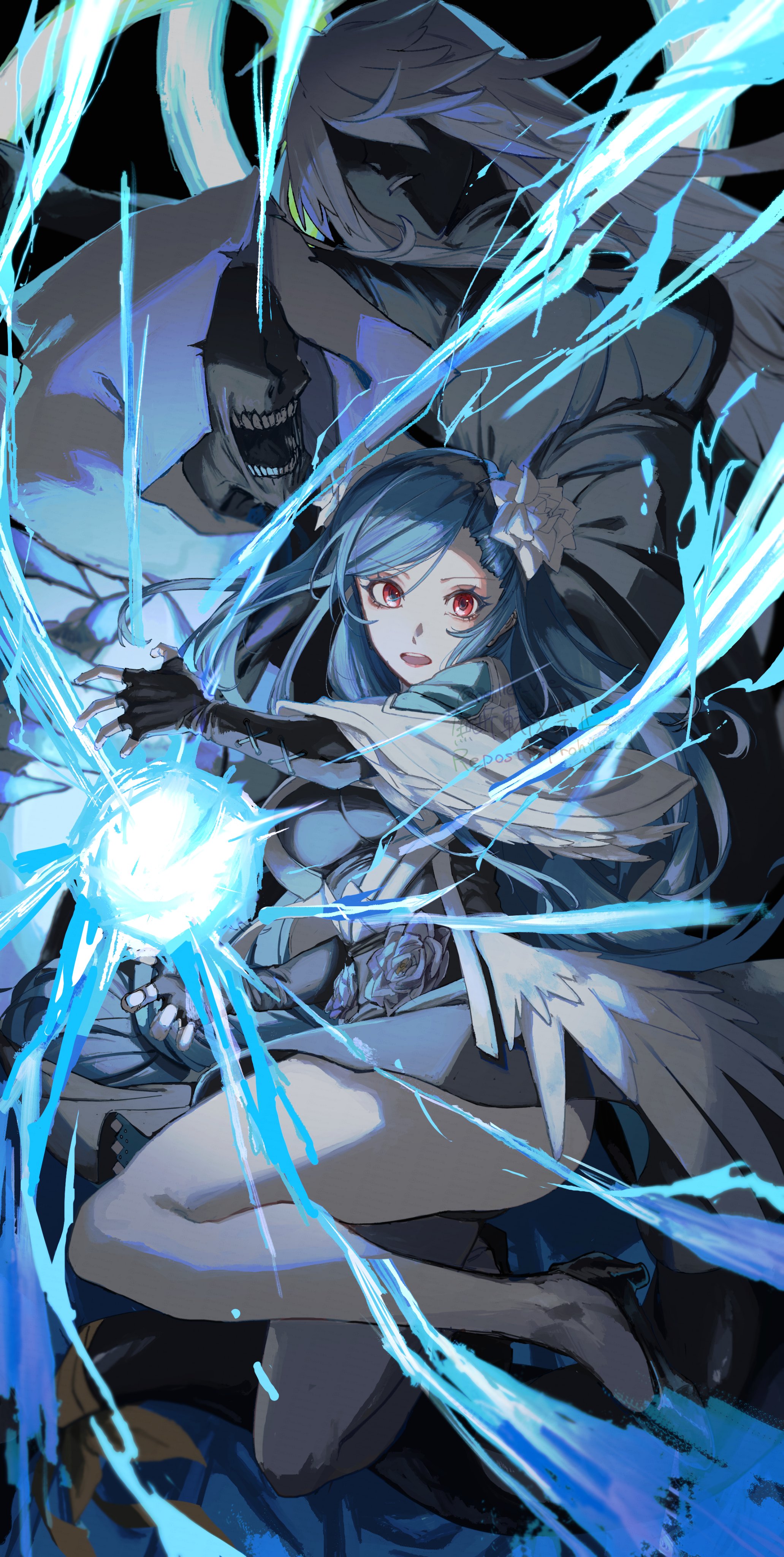 oeillet vie, dizzy (guilty gear), necro (guilty gear), queen dizzy, undine (guilty gear), guilty gear, guilty gear strive, absurdres, highres, 1boy, 2girls, black dress, black gloves, black skin, blue hair, breasts, colored skin, dress, energy, flower, gloves, hair flower, hair ornament, jacket, looking at viewer, multiple girls, open mouth, red eyes, white hair, white jacket