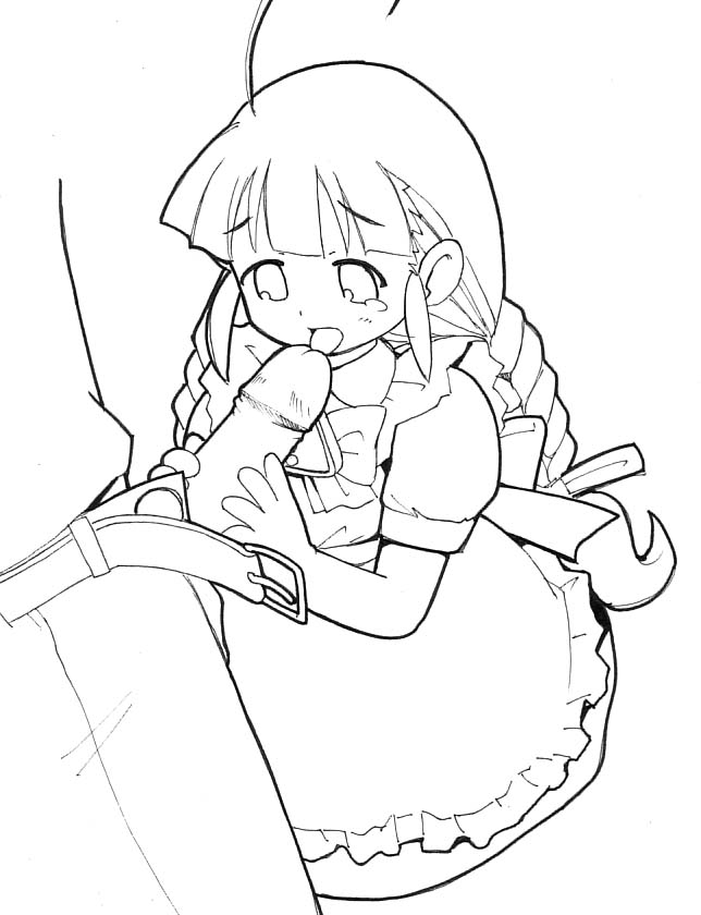 me-tan, os-tan, artist request, 1boy, 1girl, braid, fellatio, greyscale, handjob, hetero, loli, monochrome, oral, penis, solo focus, tears, tongue, twin braids, uncensored, white background