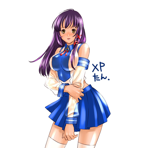 xp-tan, os-tan, lowres, 1girl, blue skirt, female focus, hair ornament, letter hair ornament, skirt, solo, thighhighs