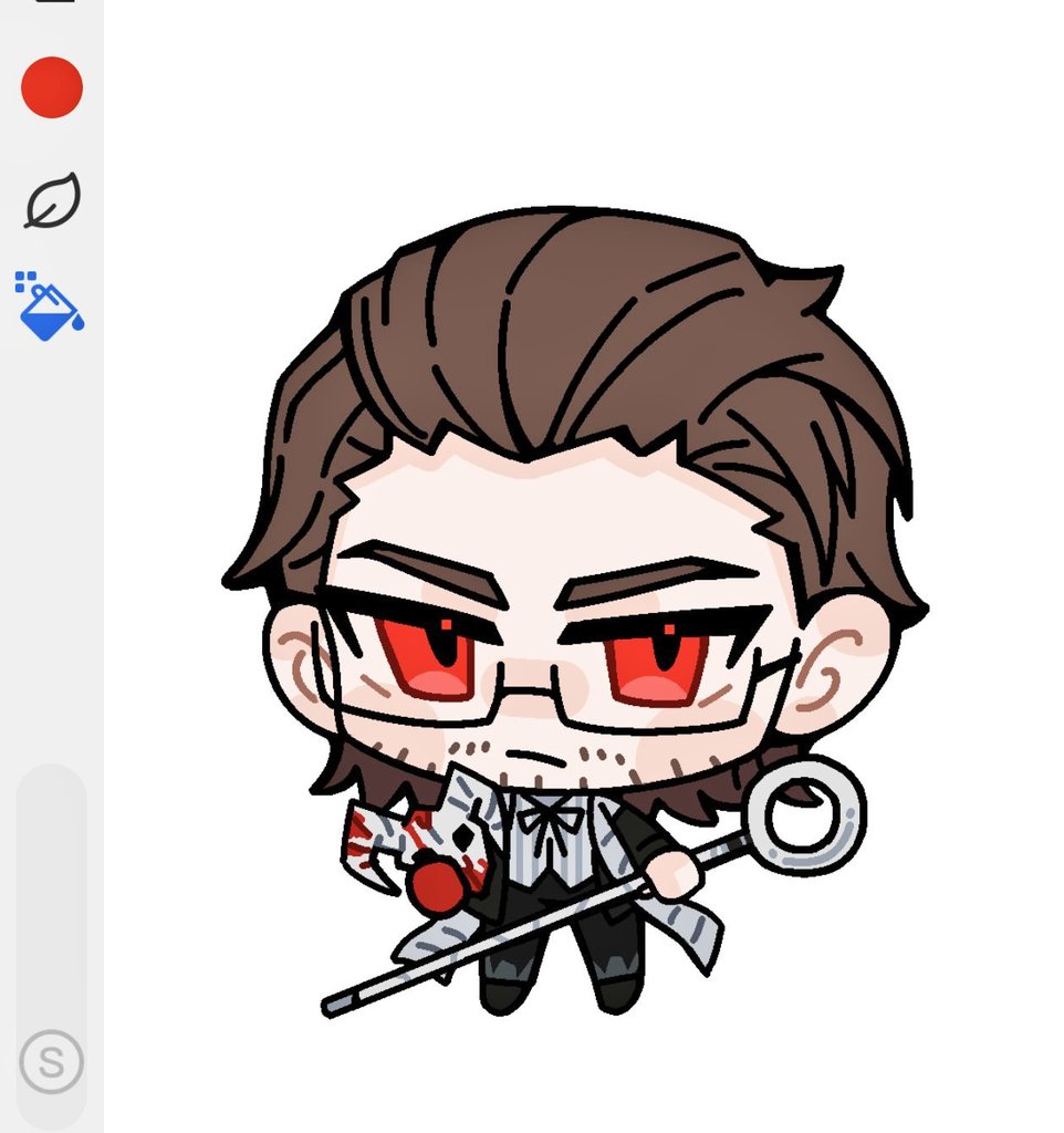 gregor (project moon), limbus company, project moon, screencap, 1boy, :/, art program in frame, beard stubble, blood on mask, brown hair, chibi, chibi only, colored extremities, facial hair, full body, glasses, hair slicked back, holding, holding mask, holding staff, la manchaland (identity) (project moon), looking at viewer, mask, mingzho74397408, neck ribbon, official alternate costume, red eyes, red hands, ribbon, scarf, shirt, solo, staff, stubble, white scarf, white shirt