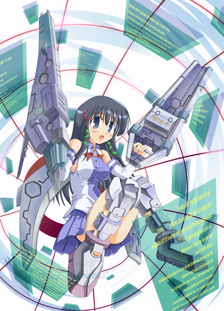 xp-tan, os-tan, 1girl, :o, bare shoulders, black hair, blue skirt, blush, cannon, detached sleeves, female focus, full body, gun, hair between eyes, hologram, looking at viewer, machinery, open mouth, pleated skirt, skirt, solo, thighhighs, weapon