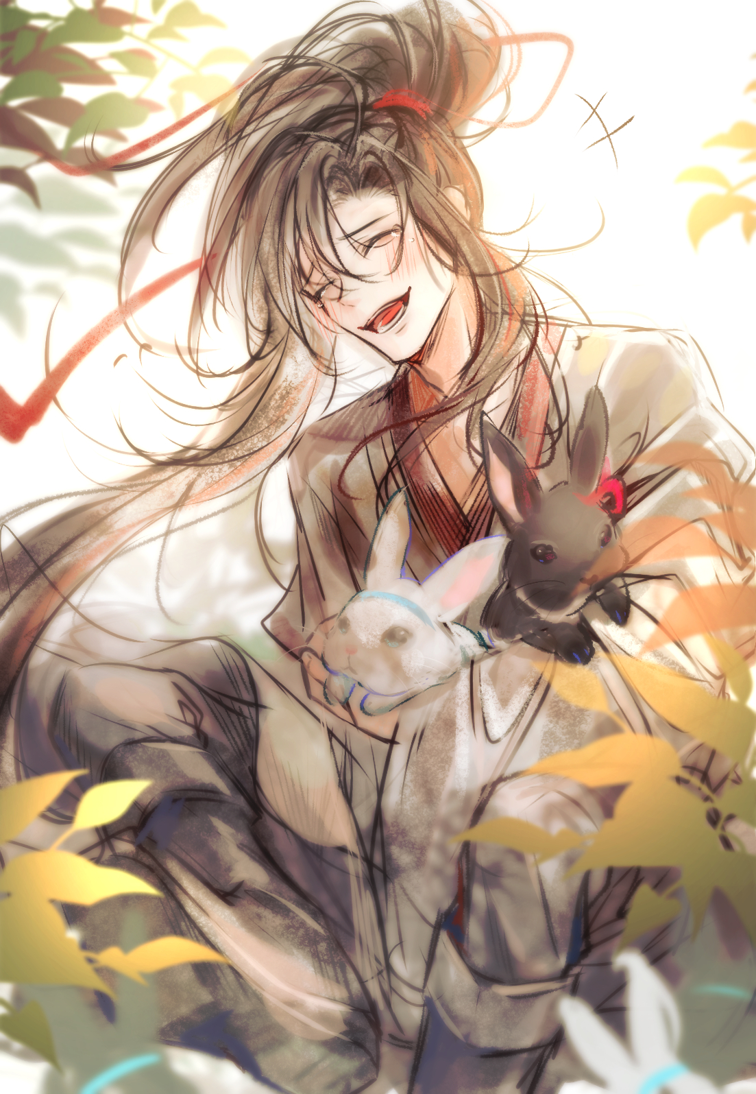 lerira9, wei wuxian, modao zushi, highres, korean commentary, +++, 1boy, ^ ^, ahoge, animal, black boots, black hair, black hanfu, black rabbit (animal), blurry, blurry foreground, blush, boots, chinese clothes, closed eyes, floating hair, hair ribbon, hanfu, high ponytail, holding, holding animal, holding rabbit, laughing, leaf, long hair, long sleeves, male focus, open mouth, ponytail, rabbit, red ribbon, ribbon, robe, sidelocks, sitting, smile, solo, white rabbit (animal), wide sleeves