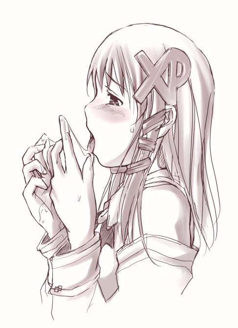 xp-tan, os-tan, 1girl, :o, bare shoulders, blush, collared shirt, detached sleeves, female focus, from side, long hair, monochrome, open mouth, saliva, shirt, sidelocks, sleeveless, sleeveless shirt, solo, sweatdrop, tears