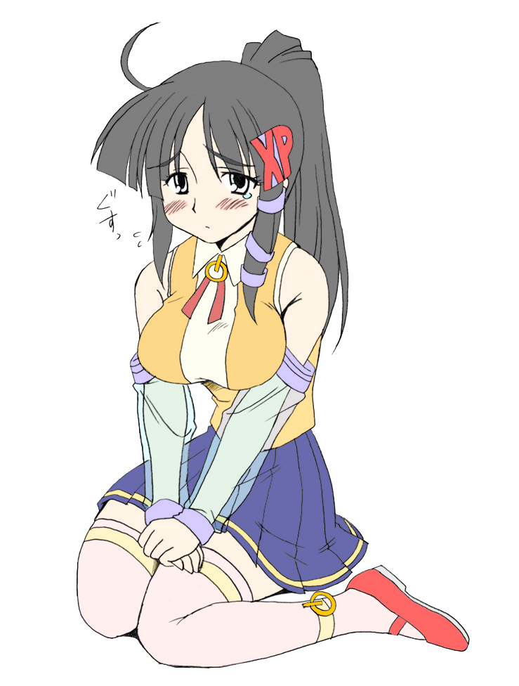 xp-tan, os-tan, 1girl, ahoge, alternate color, alternate hairstyle, bare shoulders, black hair, blue skirt, blush, breasts, character name, detached sleeves, female focus, flat color, flying sweatdrops, full body, hair ornament, hair ribbon, large breasts, long hair, looking at viewer, mary janes, own hands together, parted bangs, pink thighhighs, pleated skirt, ponytail, ribbon, see-through clothes, shirt, shoes, sidelocks, simple background, sitting, skirt, sleeveless, sleeveless shirt, solo, tears, thighhighs, tress ribbon, v arms, wariza, white eyes, wing collar, zettai ryouiki