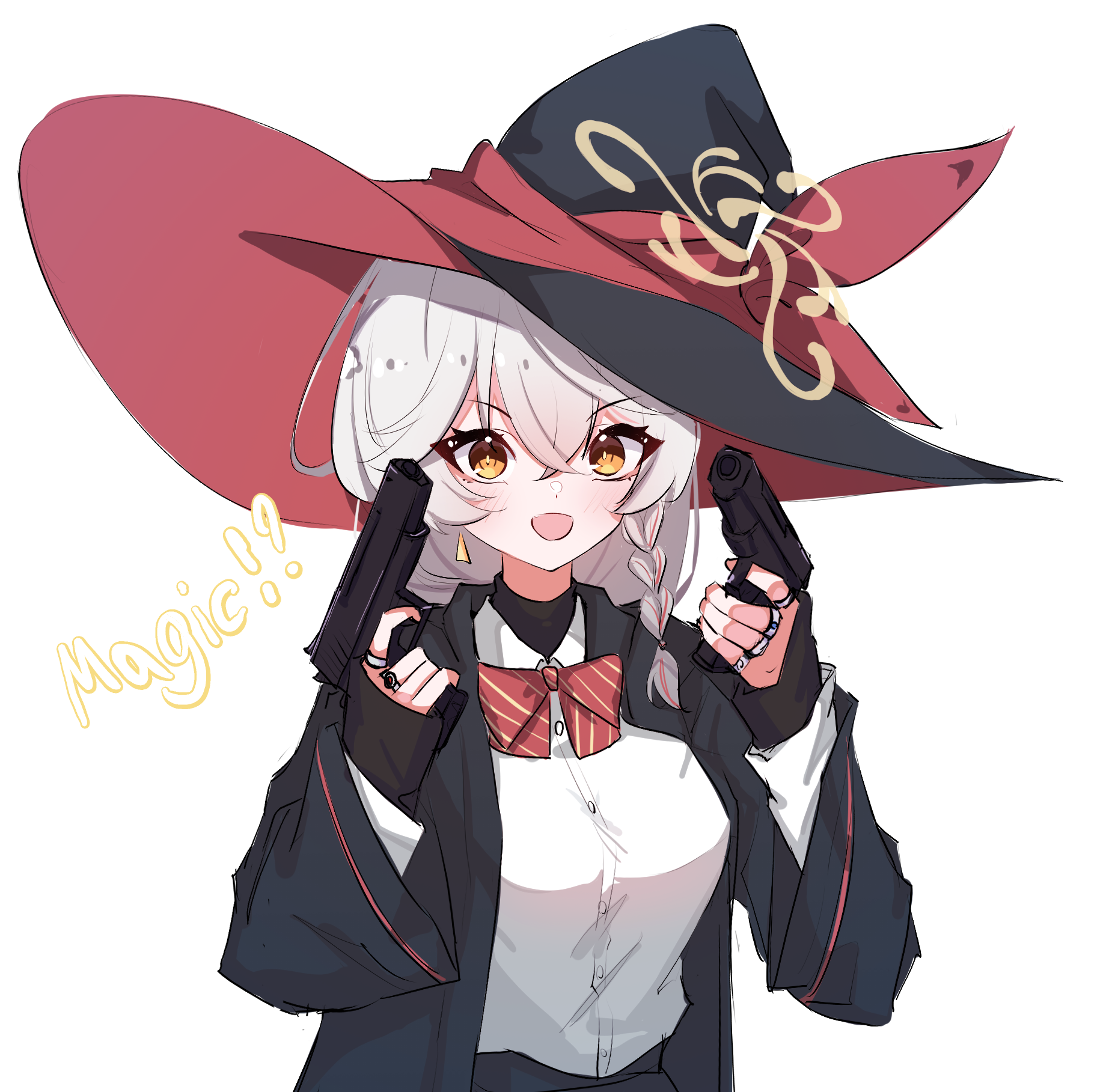 eri (blue archive), blue archive, !?, bow, bowtie, braid, dual wielding, earrings, gun, halo, handgun, hat, holding, jacket, jewelry, long coat, long hair, ring, shirt, skirt, sleeves past wrists, sweater, weapon, white hair, witch hat