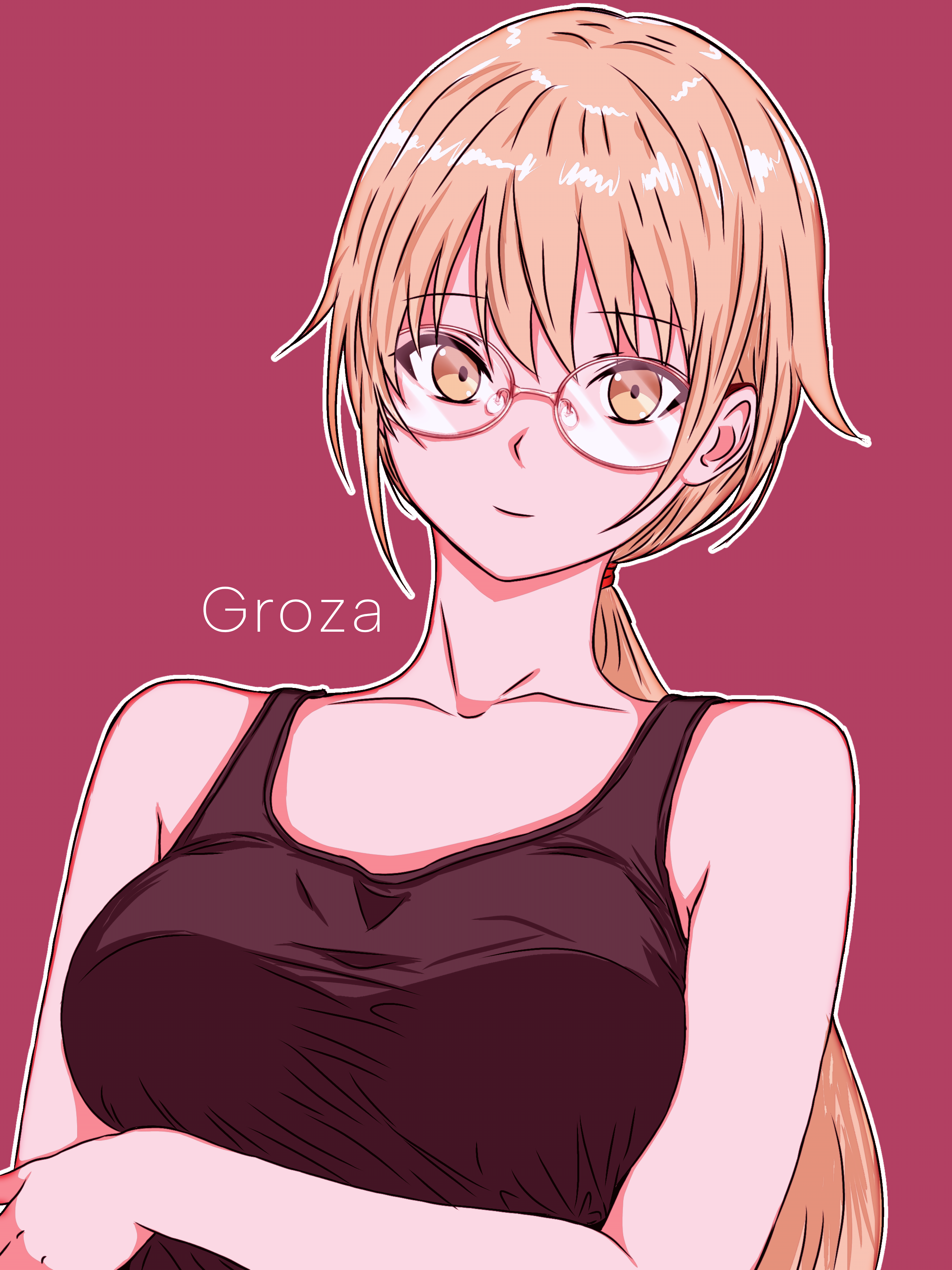 cimol95, groza (girls' frontline 2), ots-14 (girls' frontline), girls' frontline, absurdres, highres, ibispaint (medium), 1girl, alternate costume, bare shoulders, black shirt, blonde hair, breasts, character name, closed mouth, collarbone, crossed arms, glasses, light smile, long hair, looking at viewer, medium breasts, ponytail, red background, shirt, simple background, solo, upper body, yellow eyes
