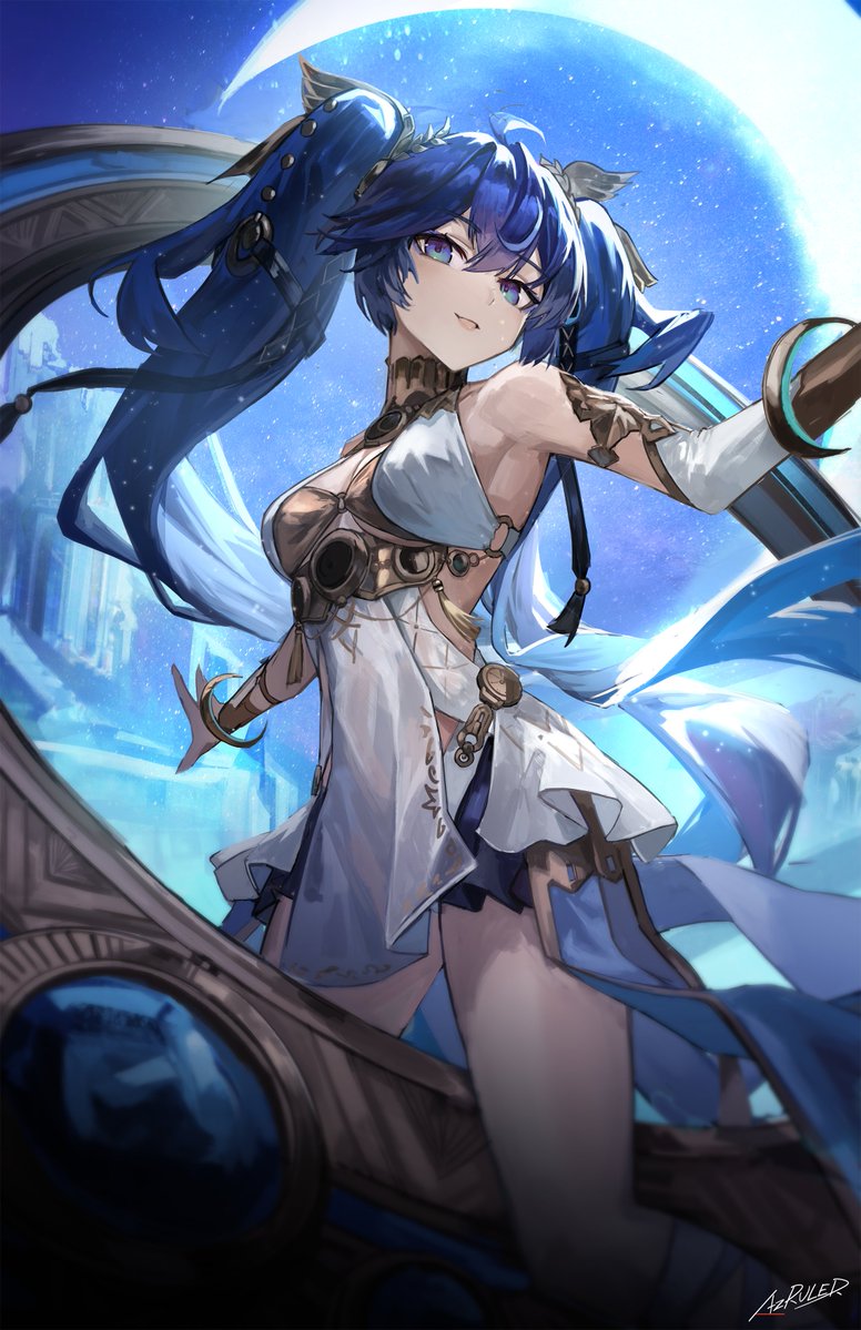 az'ruler, iuno (wuthering waves), wuthering waves, commentary, 1girl, ahoge, ancient greek clothes, bare shoulders, black skirt, blue eyes, blue hair, breasts, gold bra, greco-roman clothes, hair belt, halterneck, head wreath, looking at viewer, medium breasts, miniskirt, multicolored hair, parted lips, showgirl skirt, signature, skirt, smile, solo, streaked hair, thighs, twintails