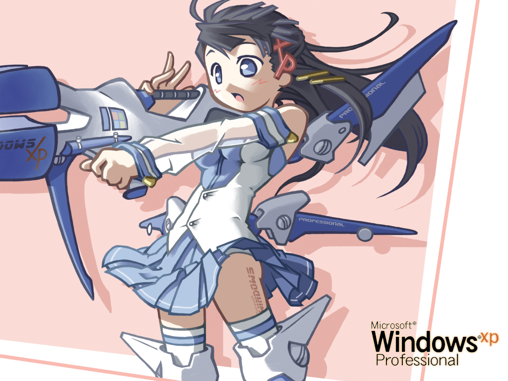 xp-tan, os-tan, framed, 1girl, :o, antenna hair, black hair, blue eyes, blue skirt, blush, breasts, buttons, character name, clothes lift, cowboy shot, detached sleeves, female focus, fighting stance, floating hair, from side, gun, hair ornament, hair ribbon, huge weapon, long hair, mecha musume, medium breasts, open mouth, outstretched arm, panties, pink background, pleated skirt, ribbon, see-through clothes, shadow, shirt, simple background, skirt, skirt lift, sleeveless, sleeveless shirt, solo, standing, thighhighs, tress ribbon, underwear, upskirt, very long hair, weapon, white panties, white thighhighs, wind, wind lift, wings, zettai ryouiki