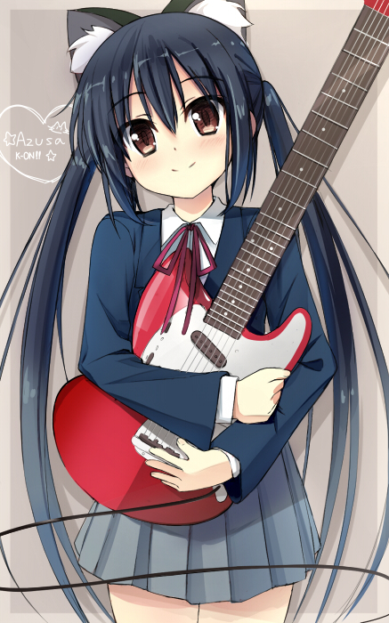 harapeko (sabernoahoge), nakano azusa, k-on!, commentary request, 1girl, animal ear fluff, animal ears, black hair, black jacket, blush, brown background, brown eyes, cat ears, character name, closed mouth, collared shirt, copyright name, cowboy shot, drop shadow, fake animal ears, grey skirt, guitar, hair between eyes, happy, heart, holding, holding guitar, holding instrument, instrument, jacket, long hair, long sleeves, looking at viewer, miniskirt, neck ribbon, pleated skirt, red ribbon, ribbon, sakuragaoka high school uniform, school uniform, shirt, sidelocks, simple background, skirt, smile, solo, split mouth, star (symbol), straight hair, twintails, very long hair, white shirt