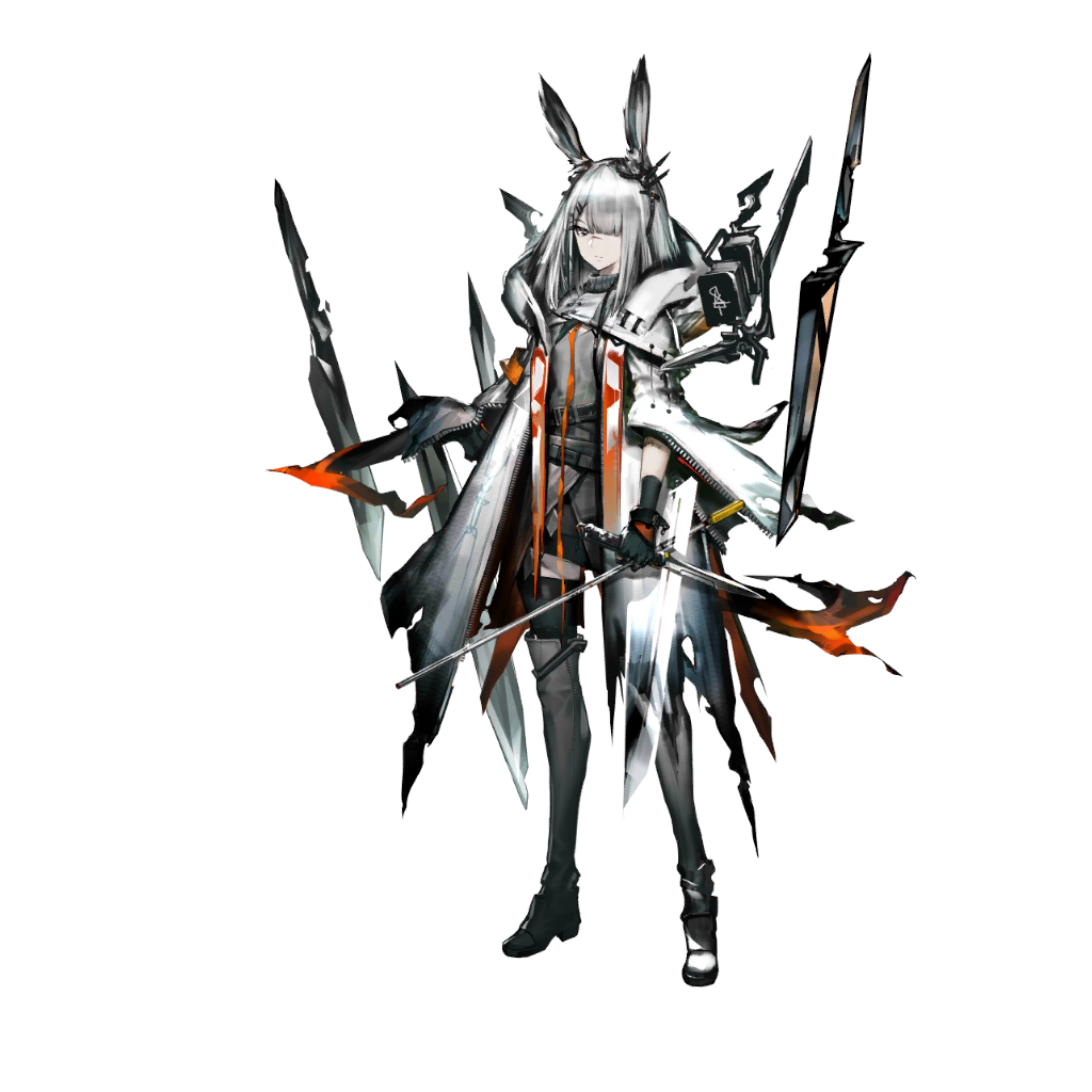 yui (niikyouzou), frostnova (arknights), arknights, official art, 1girl, animal ears, black gloves, black thighhighs, boots, closed mouth, dress, floating, floating object, floating weapon, full body, gloves, grey boots, grey dress, grey eyes, grey hair, hair ornament, hair over one eye, hairclip, holding, holding knife, holding weapon, hood, jacket, knife, looking at viewer, medium hair, one eye covered, rabbit ears, rabbit girl, scar, scar on face, scar on nose, short dress, simple background, solo, standing, tachi-e, thigh boots, thighhighs, thighhighs under boots, torn clothes, torn jacket, transparent background, weapon, white jacket, zipper