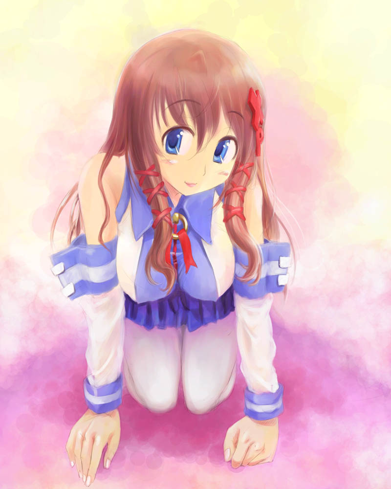 michael f91, xp-tan, os-tan, 1girl, all fours, blue eyes, blue skirt, brown hair, detached sleeves, female focus, long hair, skirt, solo, thighhighs