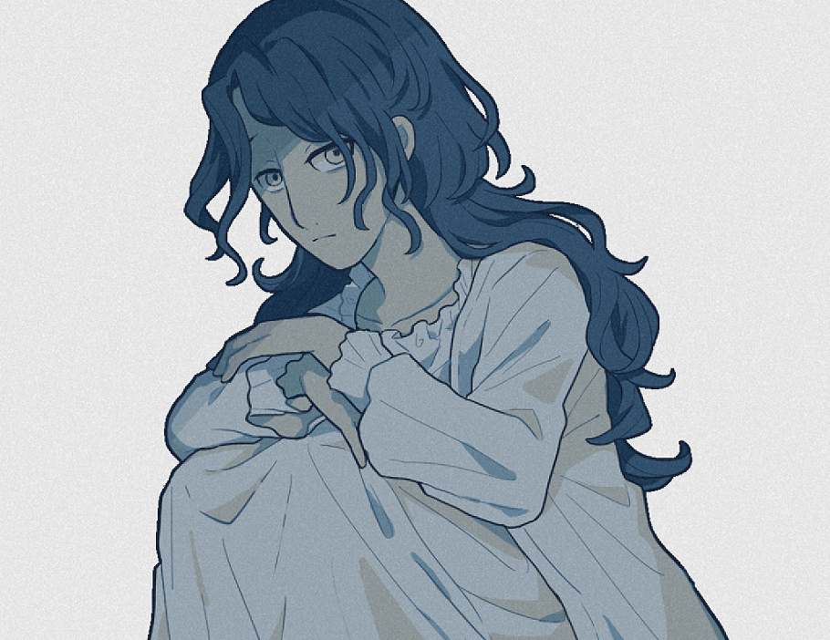 chiimako, toshi densetsu kaitai center, commentary request, 1girl, closed mouth, dress, frilled dress, frilled sleeves, frills, grey background, hinata (toshi densetsu kaitai center), knees up, long hair, long sleeves, looking at viewer, simple background, sitting, solo, wavy hair