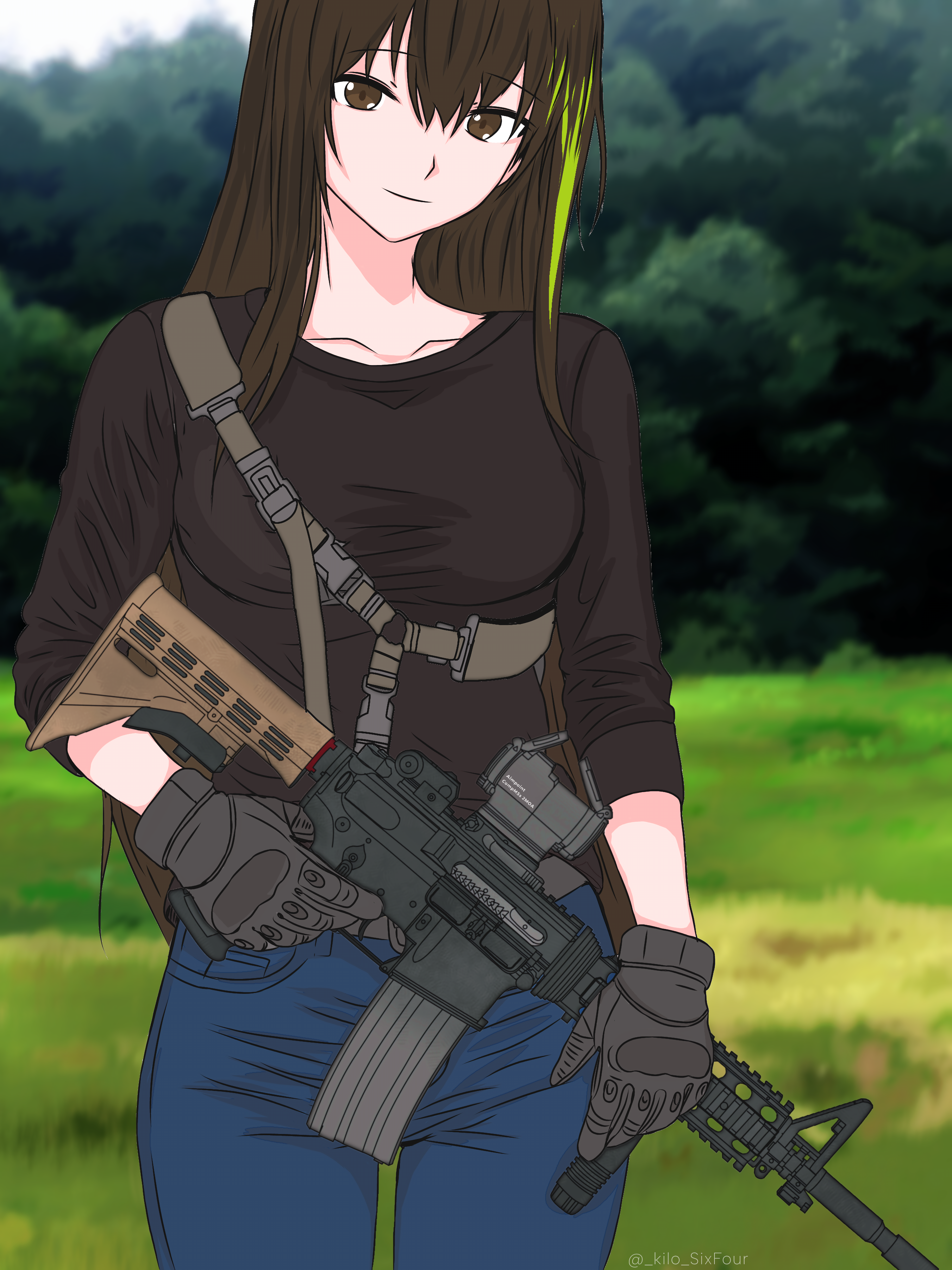 cimol95, m4a1 (girls' frontline), girls' frontline, absurdres, commentary, english commentary, highres, ibispaint (medium), 1girl, alternate costume, assault rifle, black shirt, blurry, blurry background, breasts, brown eyes, brown hair, casual, closed mouth, collarbone, denim, feet out of frame, gloves, grey gloves, gun, holding, holding gun, holding weapon, jeans, long hair, looking at viewer, m4 carbine, medium breasts, multicolored hair, pants, rifle, shirt, sidelocks, sleeves rolled up, smile, solo, standing, streaked hair, twitter username, weapon
