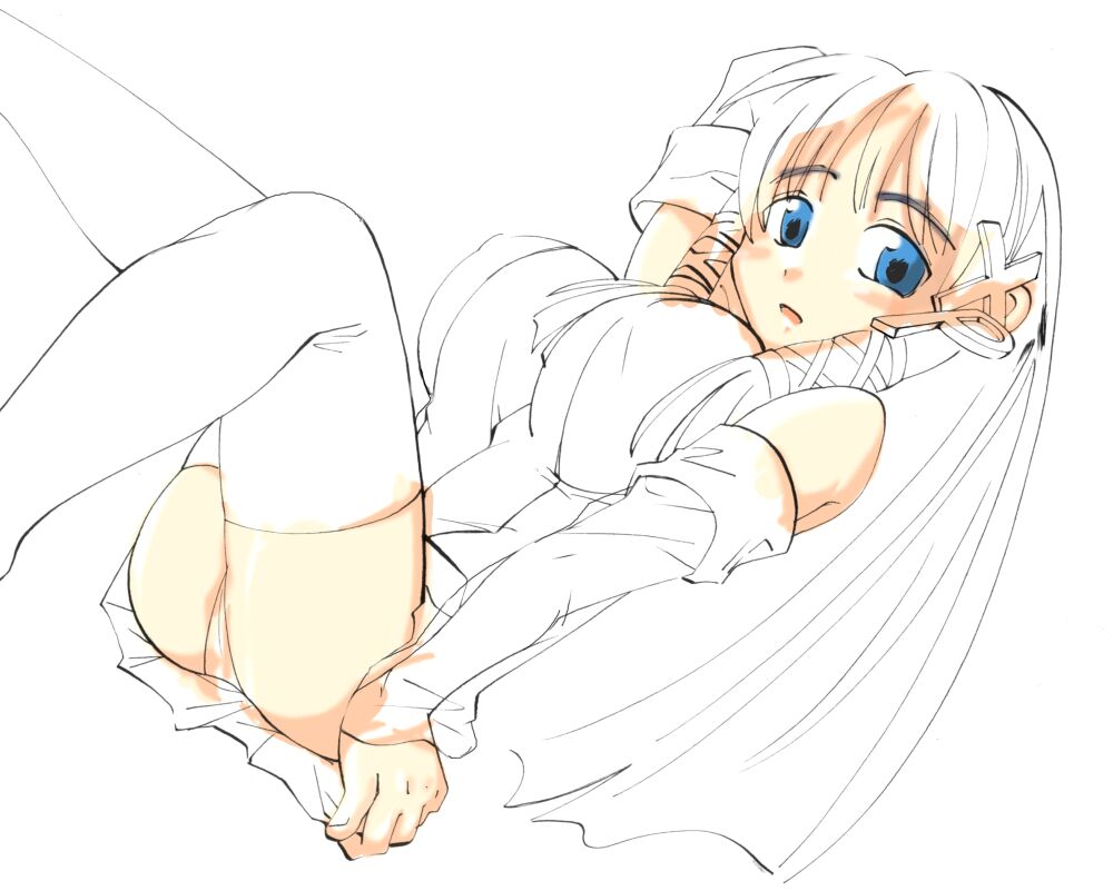 xp-tan, os-tan, unfinished, 1girl, :o, blue eyes, blush, female focus, hair ornament, hairpin, long hair, lying, on back, panties, pantyshot, sidelocks, simple background, solo, thighhighs, underwear, wavy mouth, white background