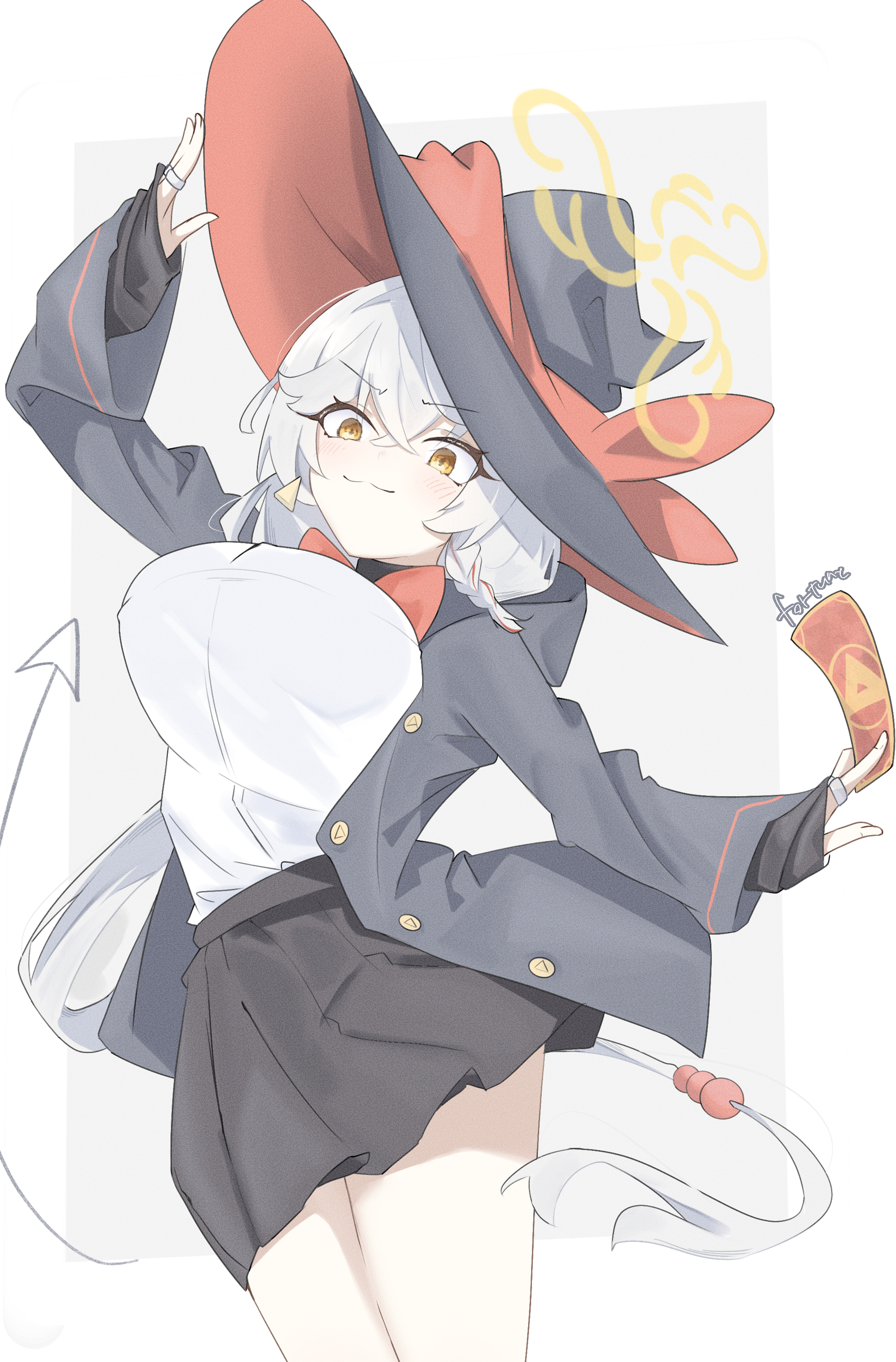 eri (blue archive), blue archive, bow, bowtie, braid, breasts, card, earrings, halo, hat, holding, holding card, jacket, jewelry, large breasts, long coat, long hair, ring, shirt, skirt, sleeve past wrists, sweater, thighs, white hair, witch hat