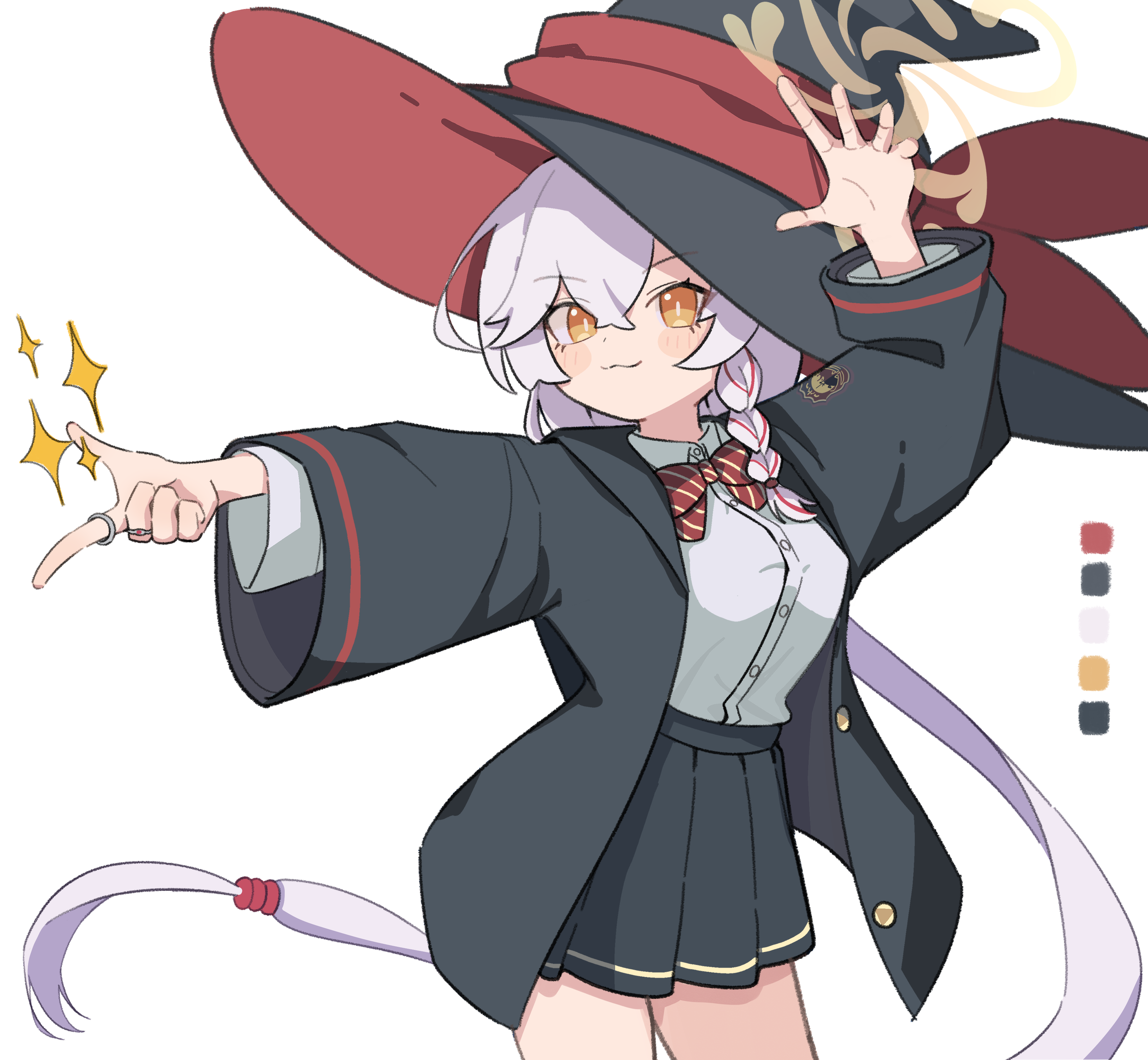 eri (blue archive), blue archive, bow, bowtie, braid, gesture, halo, hat, jacket, long coat, long hair, shirt, skirt, sparkle, sweater, white hair, witch hat