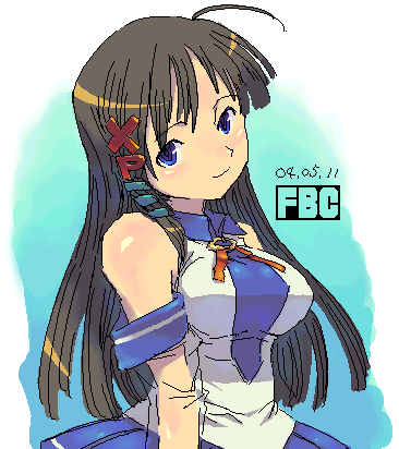 xp-tan, os-tan, lowres, 1girl, ahoge, aqua background, black hair, blue eyes, blue skirt, blush, breasts, character name, dated, detached sleeves, female focus, from side, gradient background, hair ornament, hair ribbon, head tilt, light smile, long hair, looking at viewer, oekaki, parted bangs, pleated skirt, ribbon, see-through clothes, sidelocks, sketch, skirt, smile, solo, tress ribbon, upper body, very long hair, wing collar