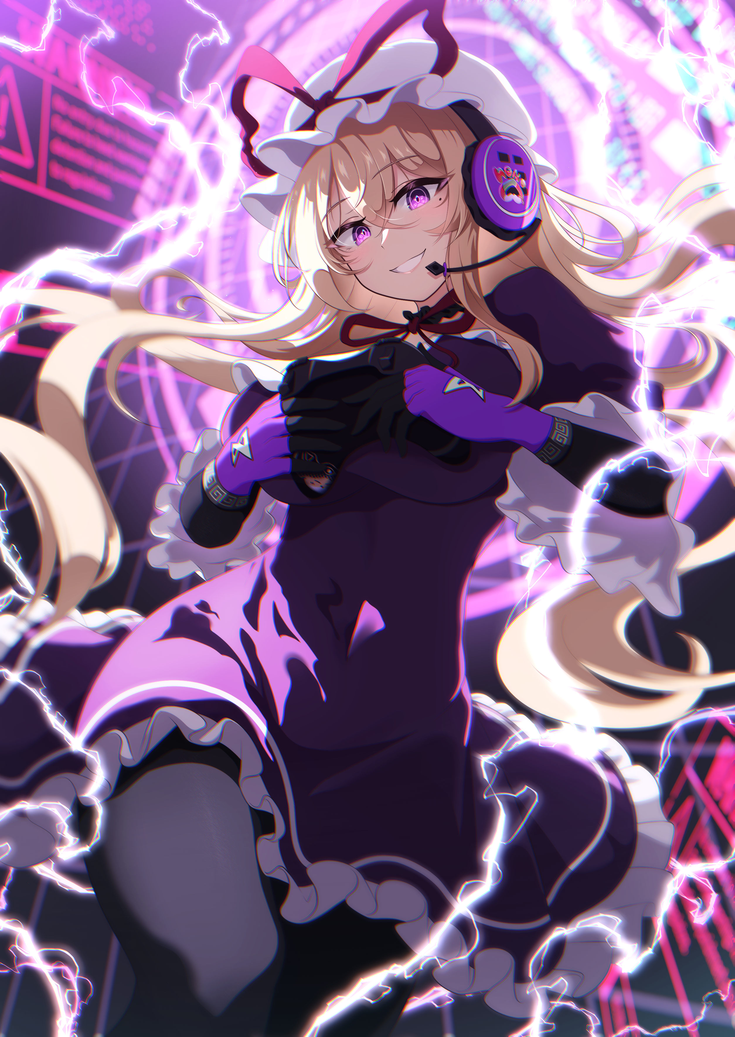 rinkaito1231, yakumo yukari, touhou, absurdres, commentary, commentary request, english commentary, highres, mixed-language commentary, 1girl, black pantyhose, blonde hair, breasts, choker, dress, gloves, grin, hat, hat ribbon, headphones, headset, long hair, long sleeves, looking at viewer, mob cap, pantyhose, purple dress, purple eyes, purple gloves, red ribbon, ribbon, ribbon choker, smile, solo, very long hair, white hat