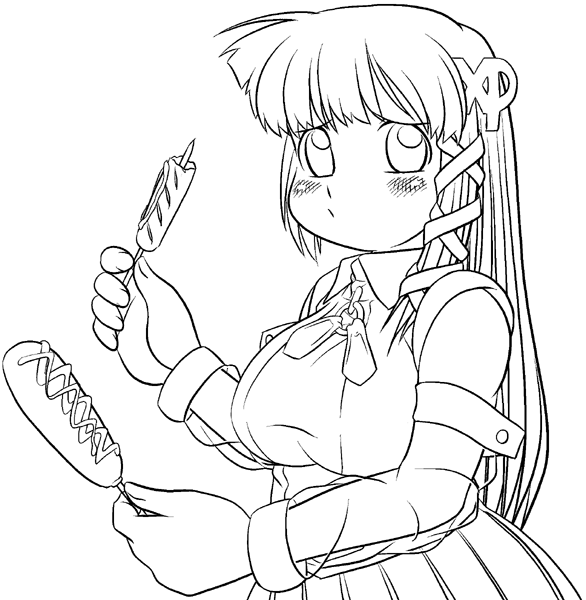 xp-tan, os-tan, looking away, 1girl, blush, collared shirt, detached sleeves, female focus, food, greyscale, hair ornament, hairpin, holding, holding food, long hair, long sleeves, looking up, monochrome, shirt, simple background, skirt, sleeveless, sleeveless shirt, solo, upper body, white background