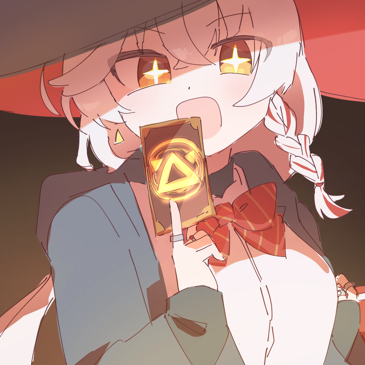 eri (blue archive), blue archive, bow, bowtie, braid, card, eyeshadow, halo, hat, holding, holding card, jacket, long coat, long hair, makeup, shirt, skirt, sweater, white hair, witch hat