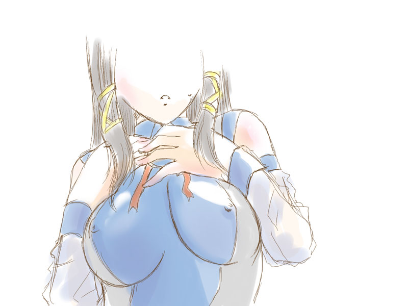 xp-tan, os-tan, 1girl, bare shoulders, border, breasts, covered erect nipples, detached sleeves, fading border, female focus, hand on own chest, head out of frame, long sleeves, medium breasts, shirt, sketch, sleeveless, sleeveless shirt, solo, upper body