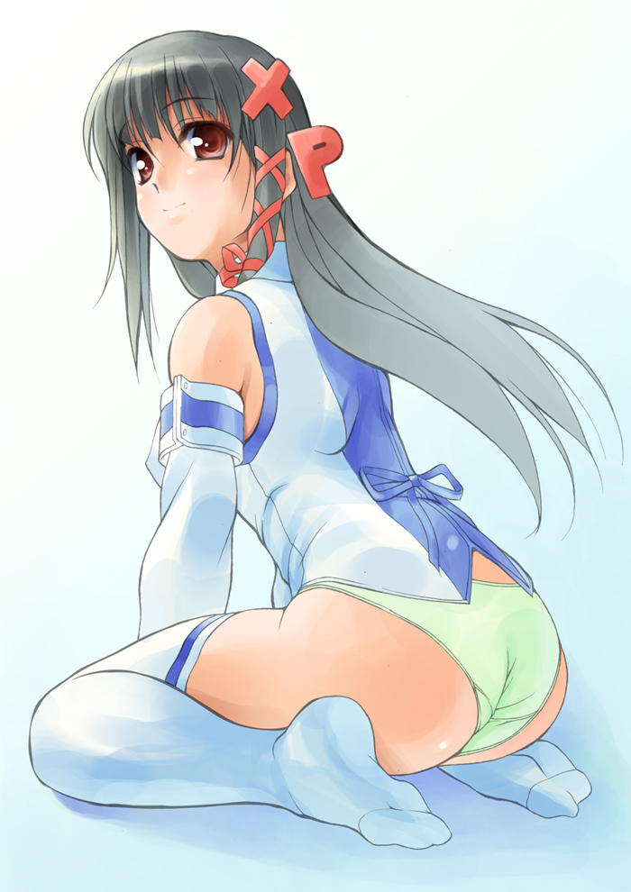xp-tan, os-tan, 1girl, black hair, brown eyes, female focus, kneeling, long hair, no pants, panties, solo, thighhighs, underwear