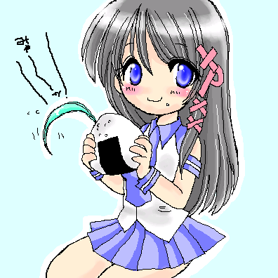 xp-tan, os-tan, bad id, bad pixiv id, lowres, 1girl, blue skirt, female focus, food, oekaki, onigiri, skirt, solo