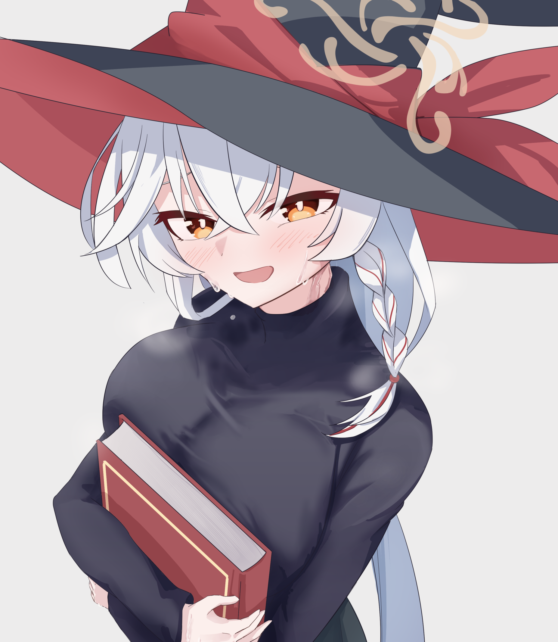 eri (blue archive), blue archive, blush, book, bow, bowtie, braid, breasts, halo, hat, holding, holding book, large breasts, long hair, shirt, skirt, sweat, sweater, white hair, witch hat