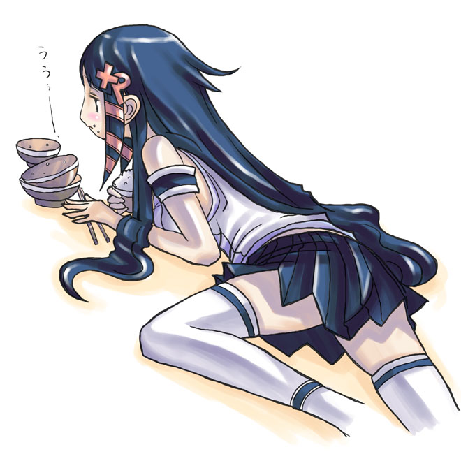 xp-tan, os-tan, 1girl, black hair, blue eyes, blue skirt, blush, bowl, chopsticks, detached sleeves, expressionless, female focus, food, hair ornament, hairpin, long hair, long sleeves, lying, on stomach, pleated skirt, rice, shirt, simple background, skirt, sleeveless, sleeveless shirt, solo, thighhighs, very long hair, white background, zettai ryouiki