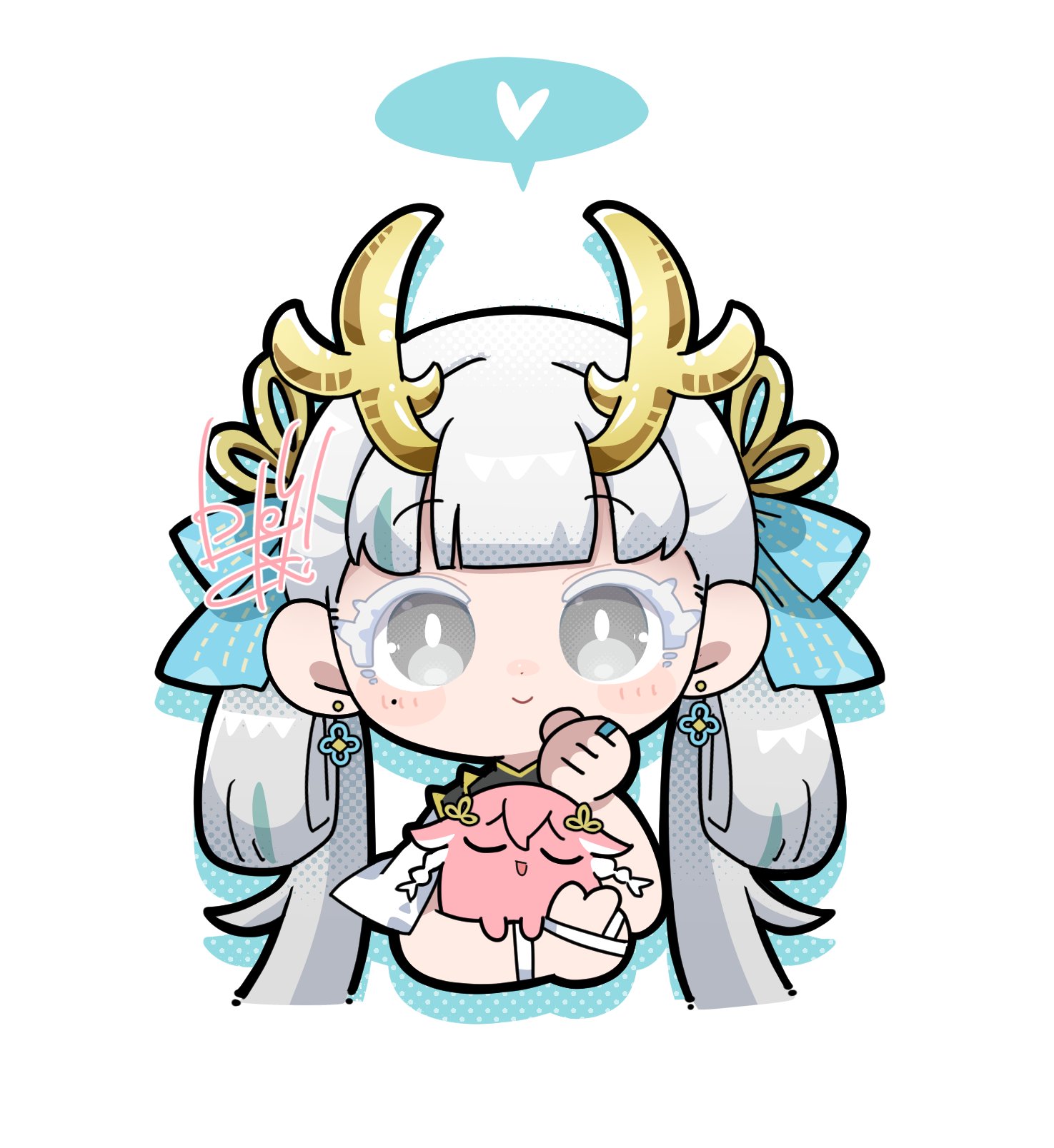 dog-san, changli (wuthering waves), jinhsi (wuthering waves), wuthering waves, commentary request, highres, revision, 1girl, animalization, bright pupils, closed mouth, earrings, eastern dragon horns, hair rings, heart, holding, horns, jewelry, long hair, looking at viewer, low twintails, mole, mole on cheek, simple background, smile, solo, spoken heart, twintails, white background, white eyes, white hair, white pupils, yellow horns