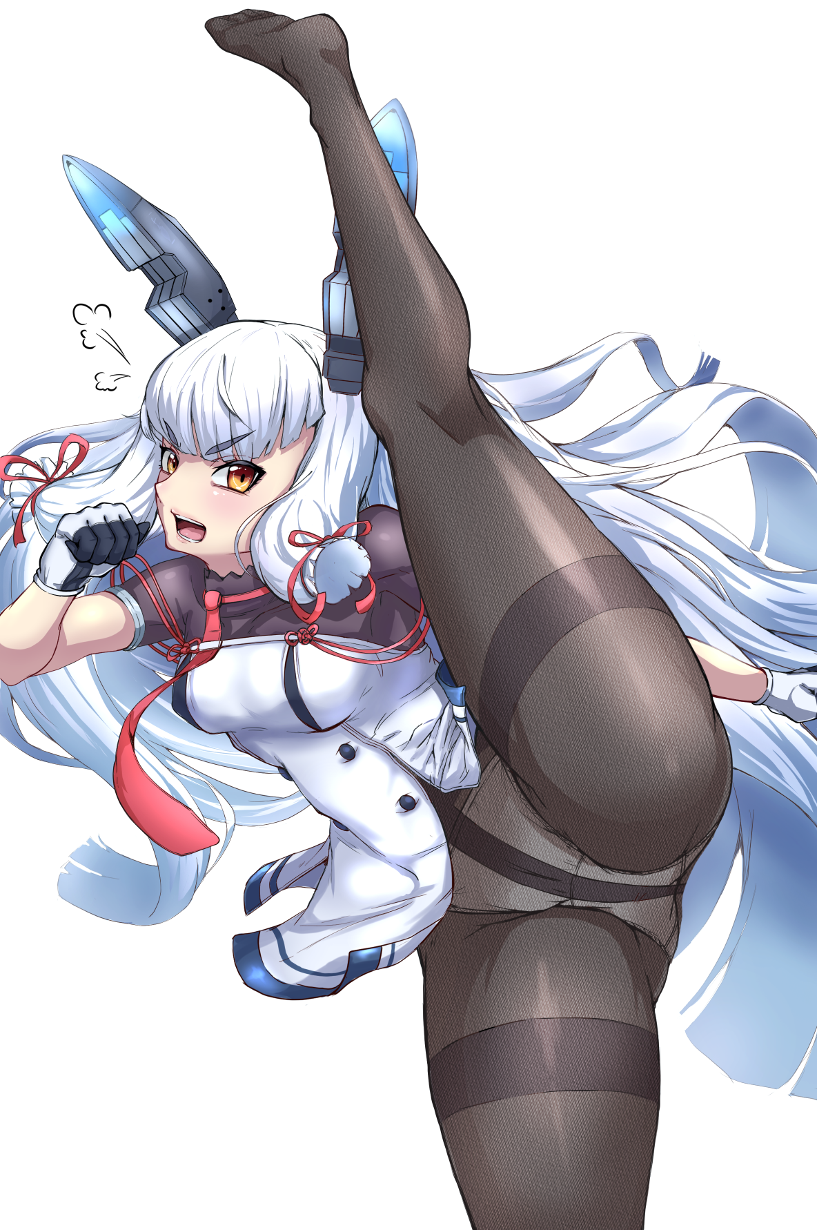 murakumo (kancolle), kantai collection, highres, 1girl, black pantyhose, blunt bangs, blush, breasts, dress, floating headgear, gloves, grey hair, hair ribbon, headgear, high kick, kicking, long hair, looking at viewer, necktie, open mouth, orange eyes, panties, panties under pantyhose, pantyhose, red necktie, ribbon, sailor dress, short eyebrows, sidelocks, smile, solo, standing, standing on one leg, thighband pantyhose, tress ribbon, underwear, user rmmj8775, white panties
